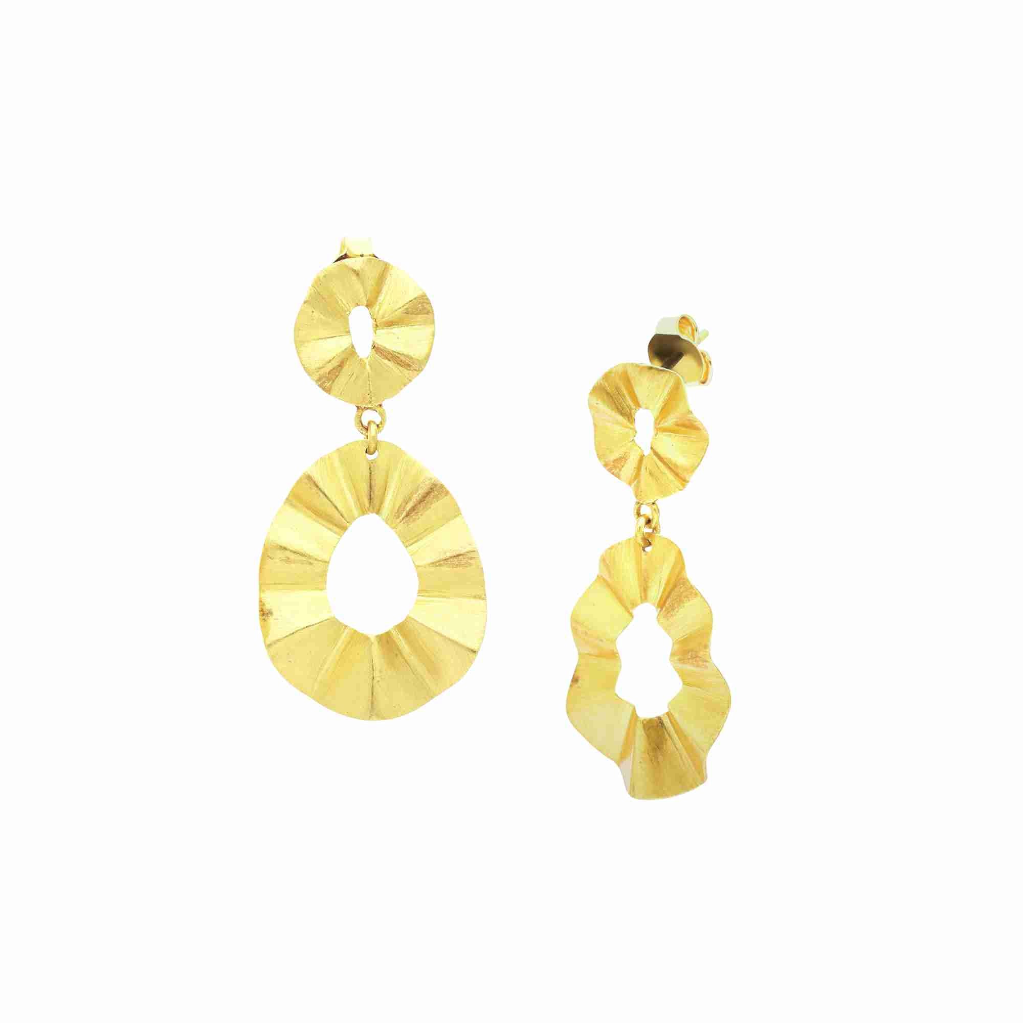 Ribbons & Lace Ruffle Fold Drop Statement Earrings Gold — dual ruffle fold drop in matt brushed 22K gold vermeil over 92.5 recycled silver by Protsaah Zurich.