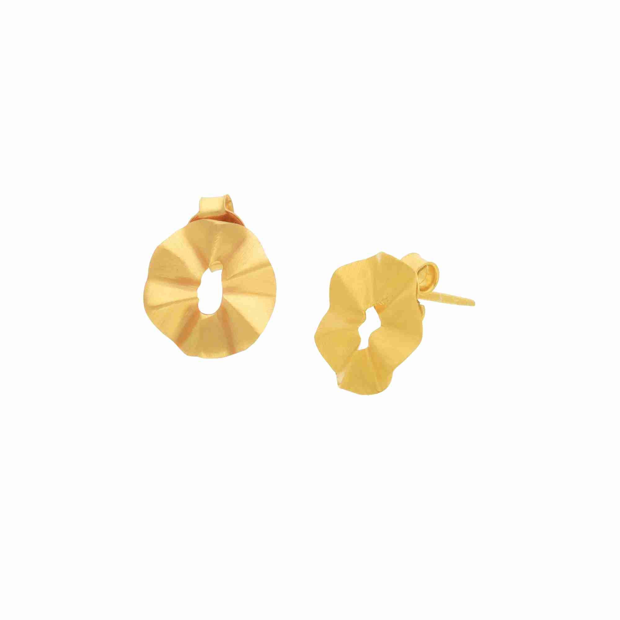 Ribbons & Lace Gold Stud Earrings; organic, ruffled fold design with a signature brushed-satin finish over 92.5 recycled silver.