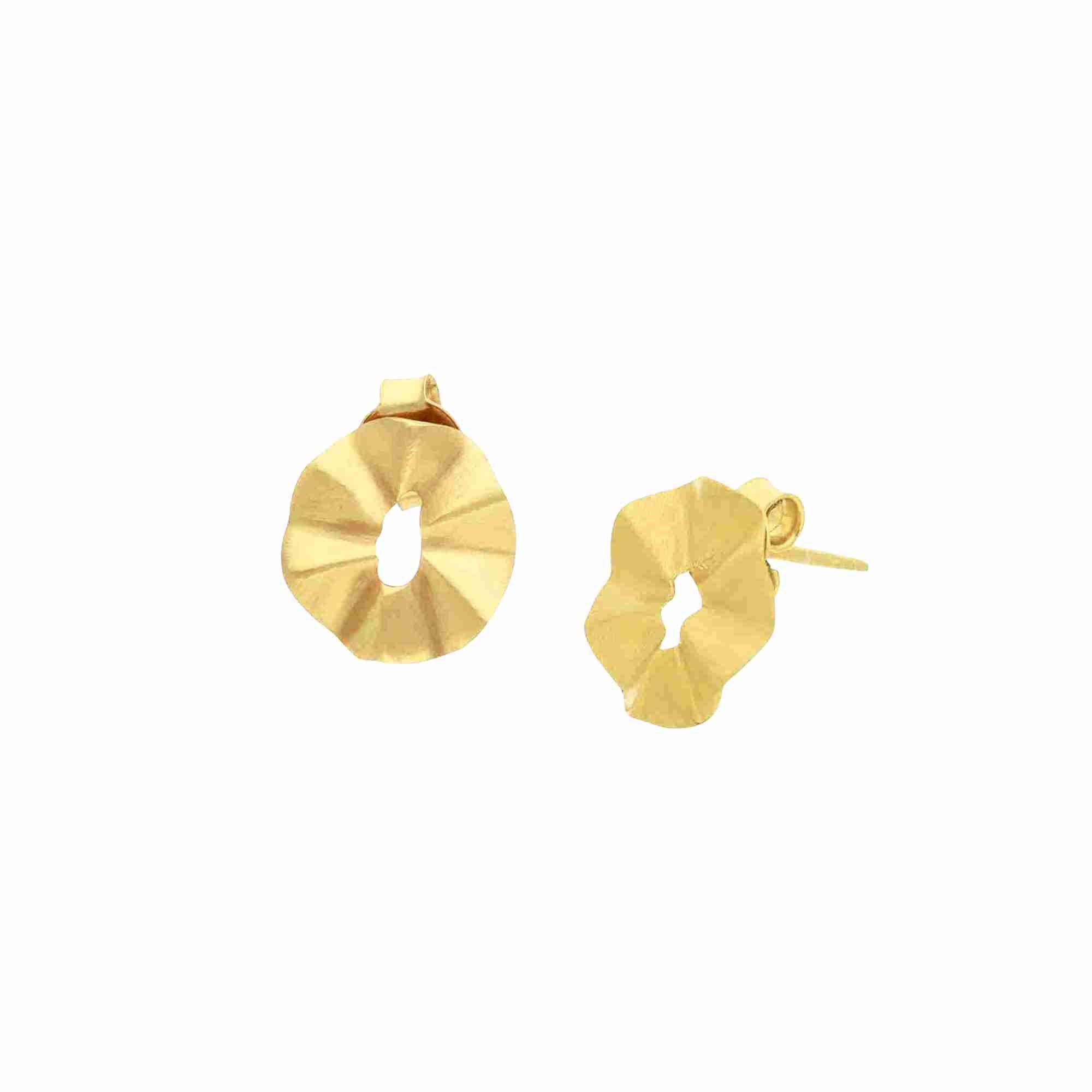 Ribbons & Lace Gold Stud Earrings; organic, ruffled fold design with a signature brushed-satin finish over 92.5 recycled silver.