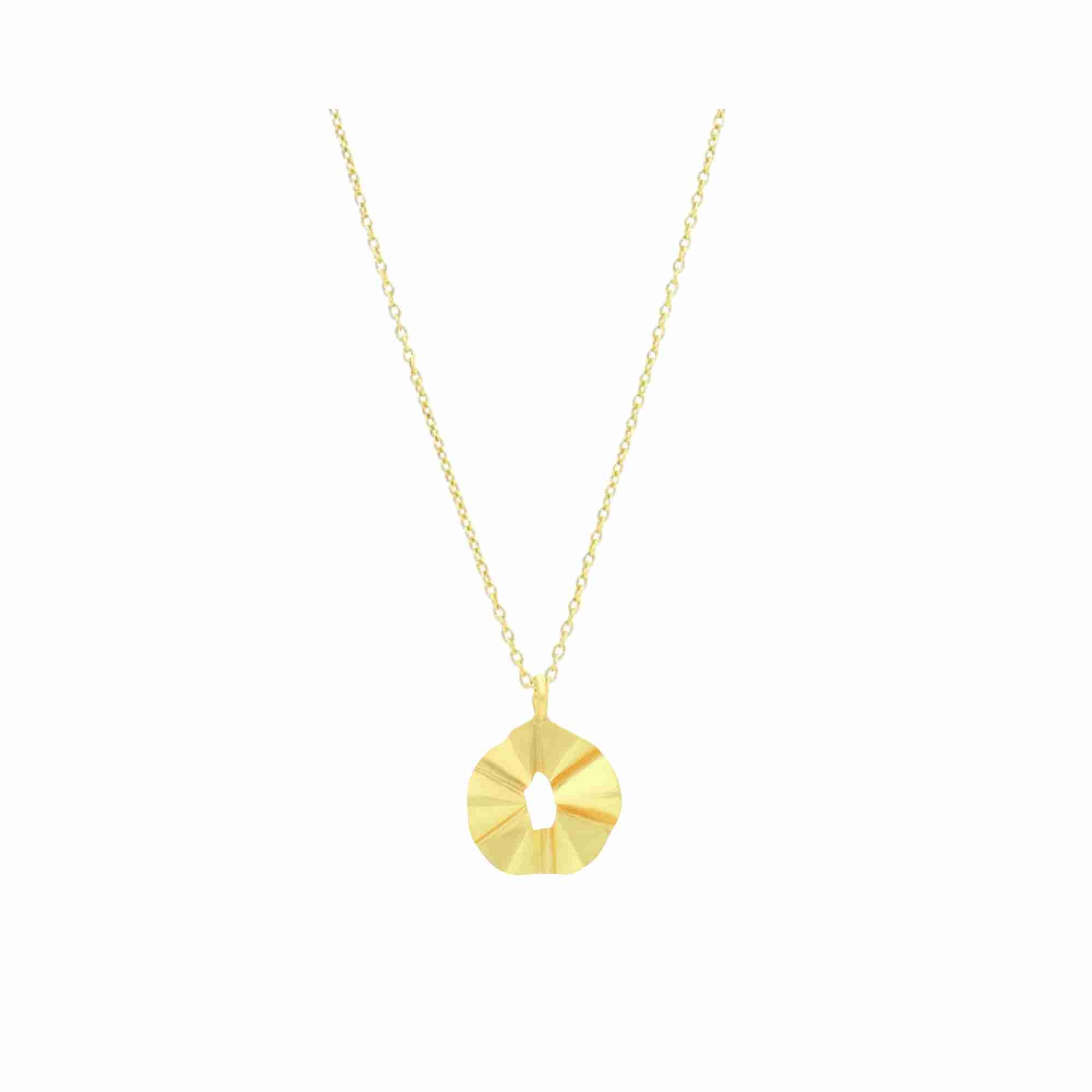 Ribbons & Lace Ruffle Gold Necklace; sculptural open pendant featuring an undulating furl design with adjustable chain, matte brushed gold finish.