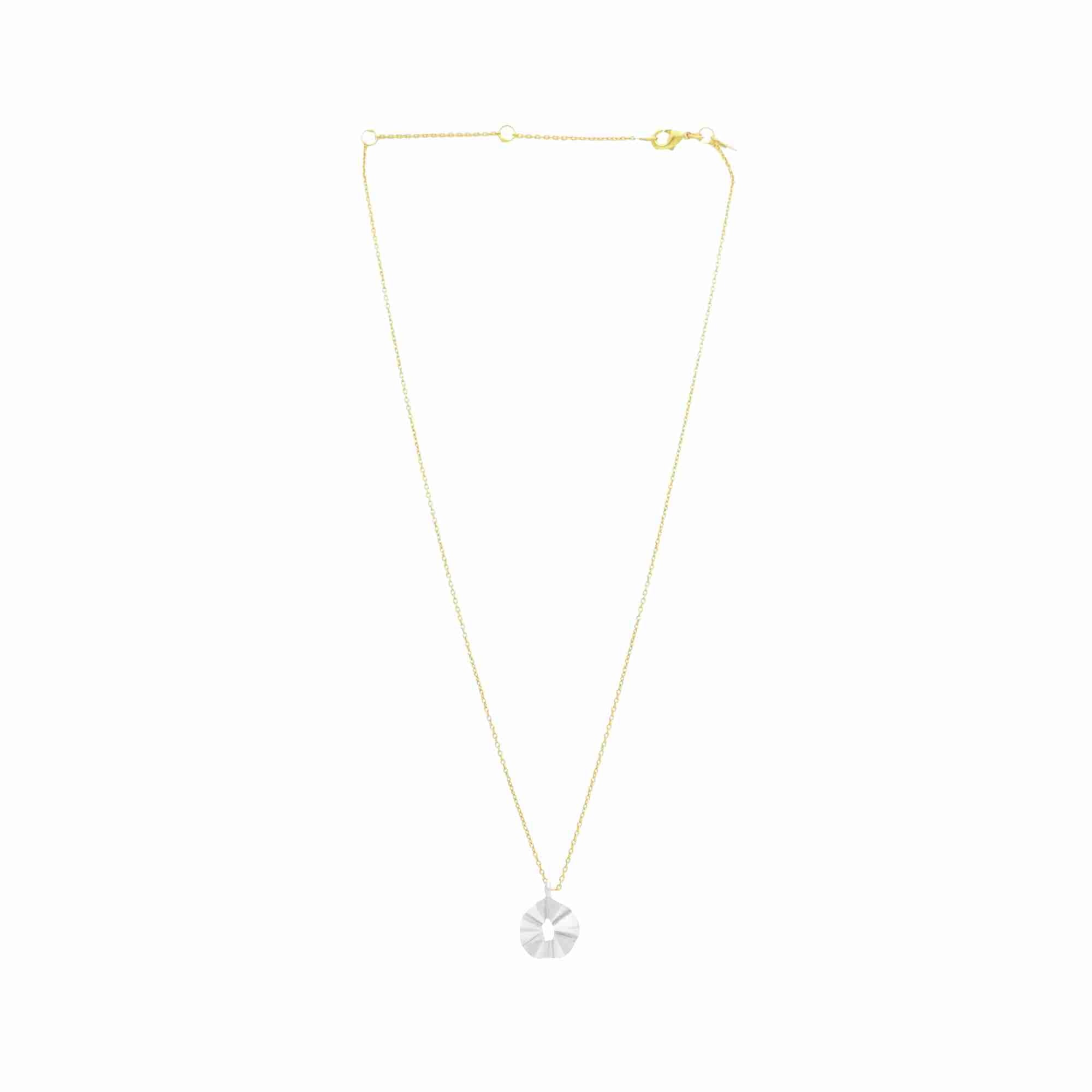 Ribbons & Lace Ruffle Silver Necklace; sculptural open pendant featuring an undulating furl design with adjustable chain, matte brushed silver finish.