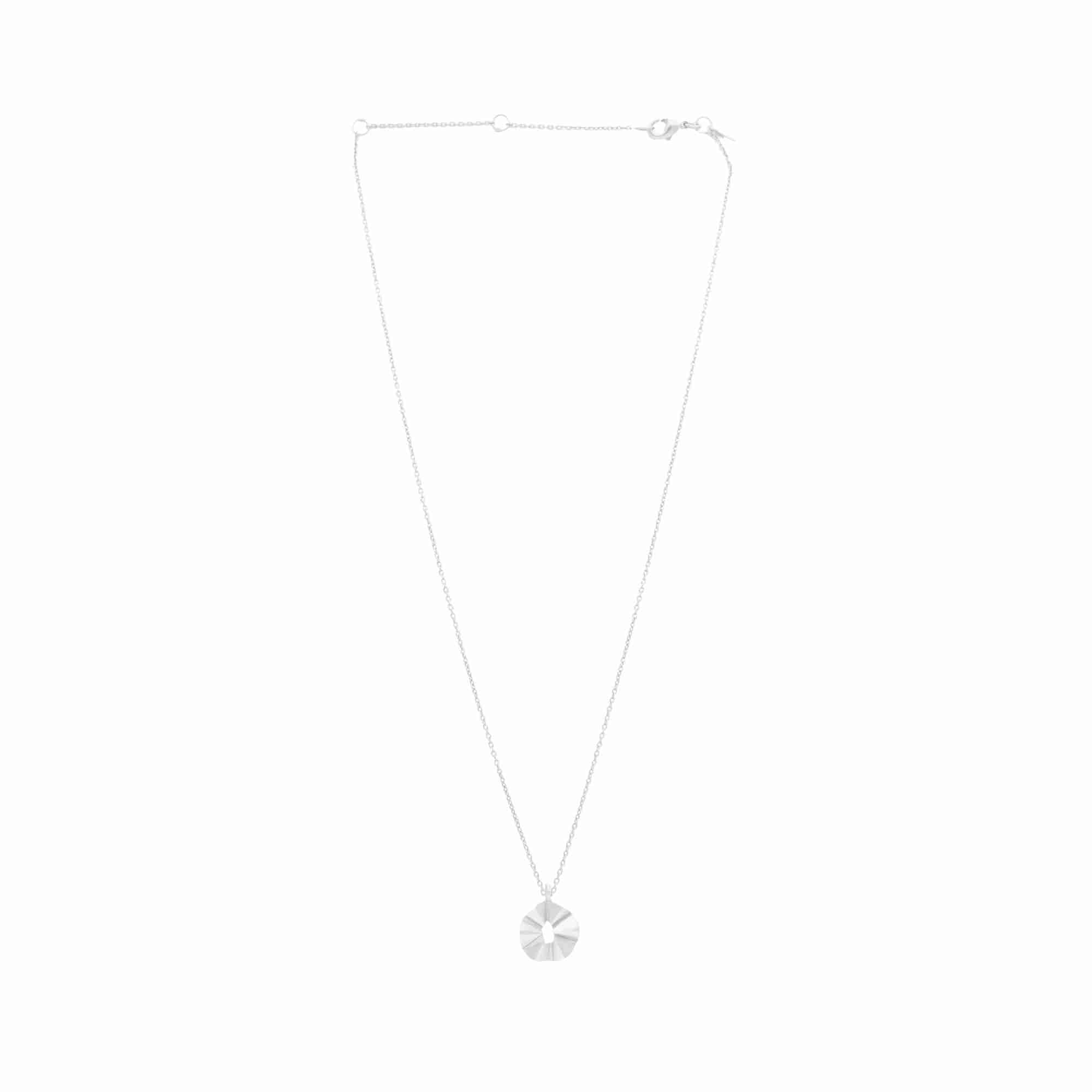 Ribbons & Lace Ruffle Silver Necklace; sculptural open pendant featuring an undulating furl design with adjustable chain, matte brushed silver finish.