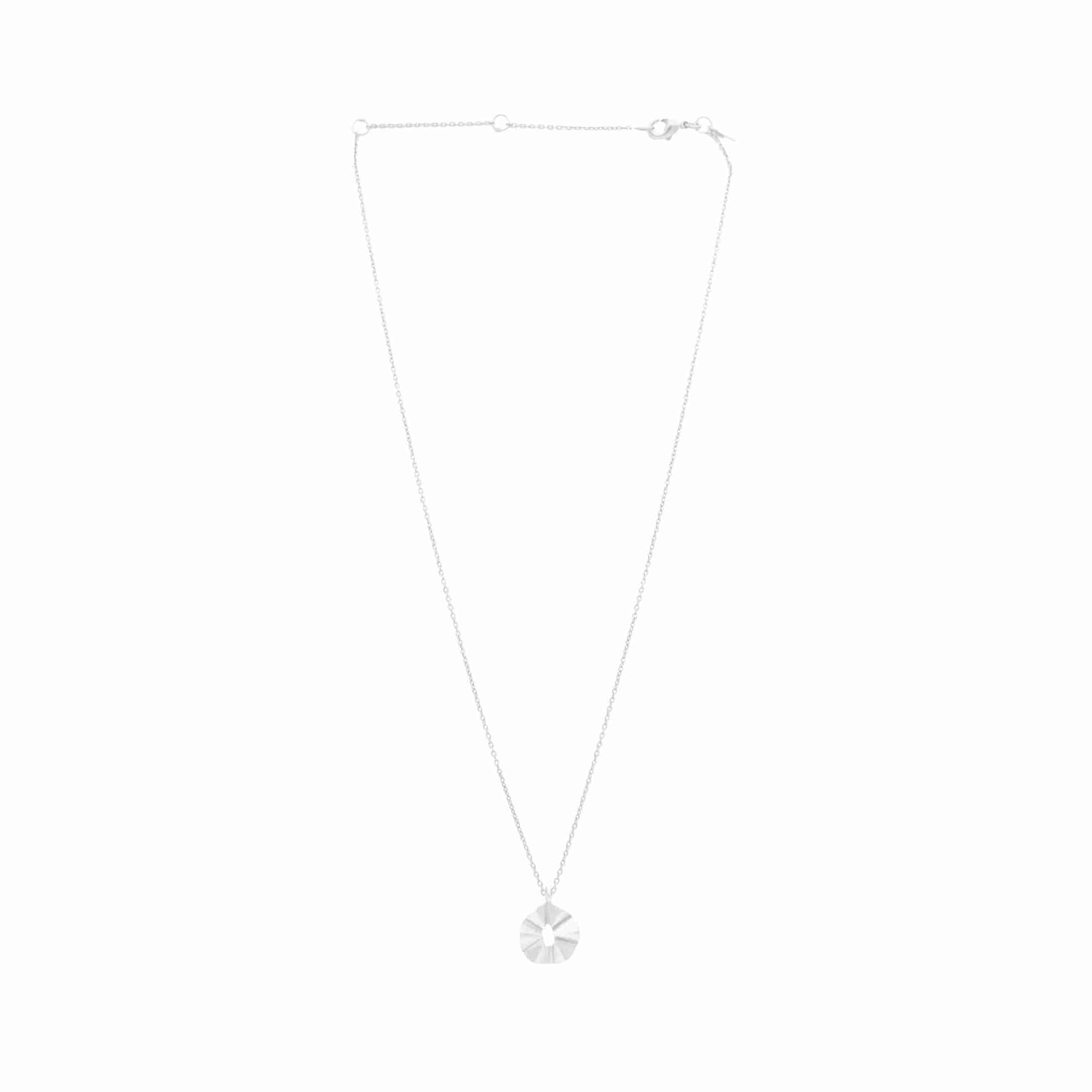 Ribbons & Lace Ruffle Silver Necklace; sculptural open pendant featuring an undulating furl design with adjustable chain, matte brushed silver finish.
