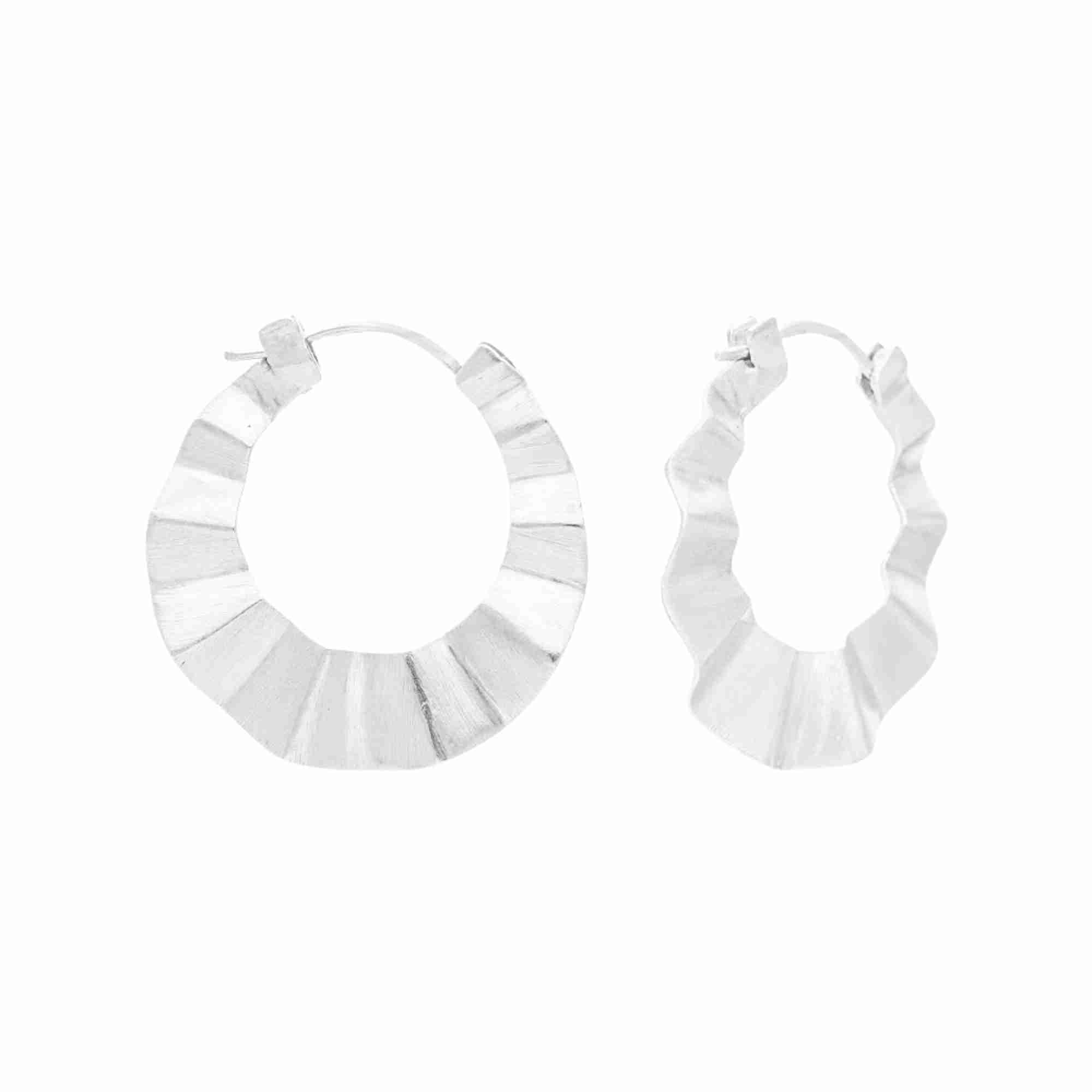 Ribbons & Lace Silver Hoop Earrings; sculptural, ruffled-wave statement design with a signature brushed-satin finish over 92.5 recycled silver.