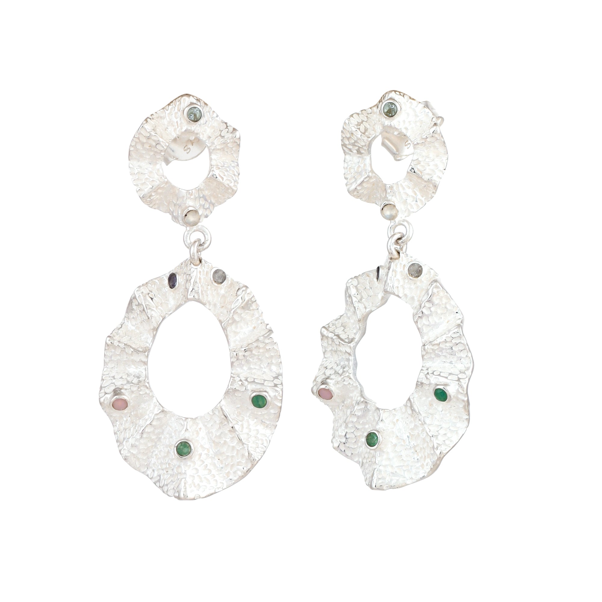 Ribbons & Lace sculptural ruffle drop earrings in 92.5 recycled silver, featuring hand-set multi-gemstones and an artisan hand-formed brushed texture.
