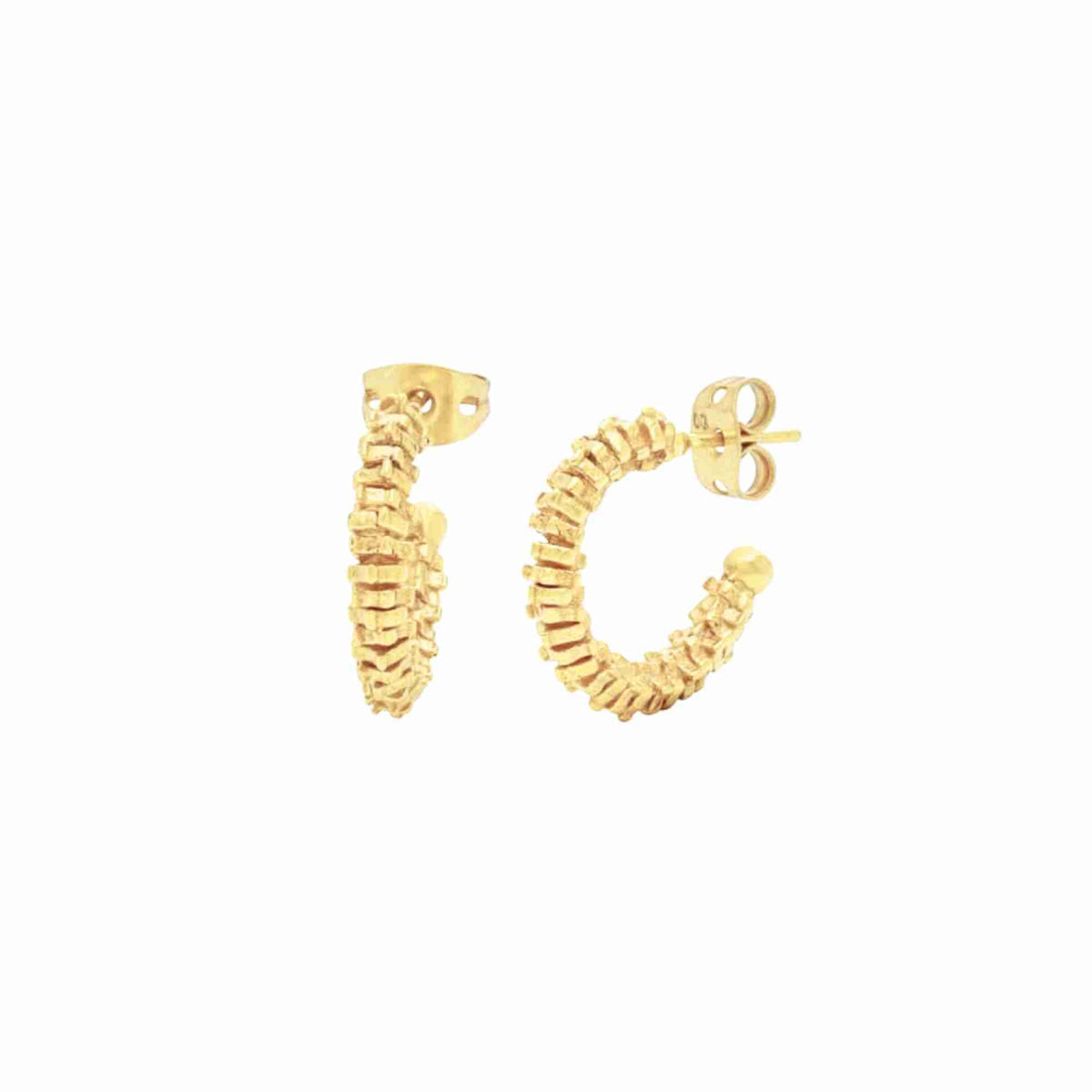Open hoop earrings with ruffled fold texture in polished gold on a white background