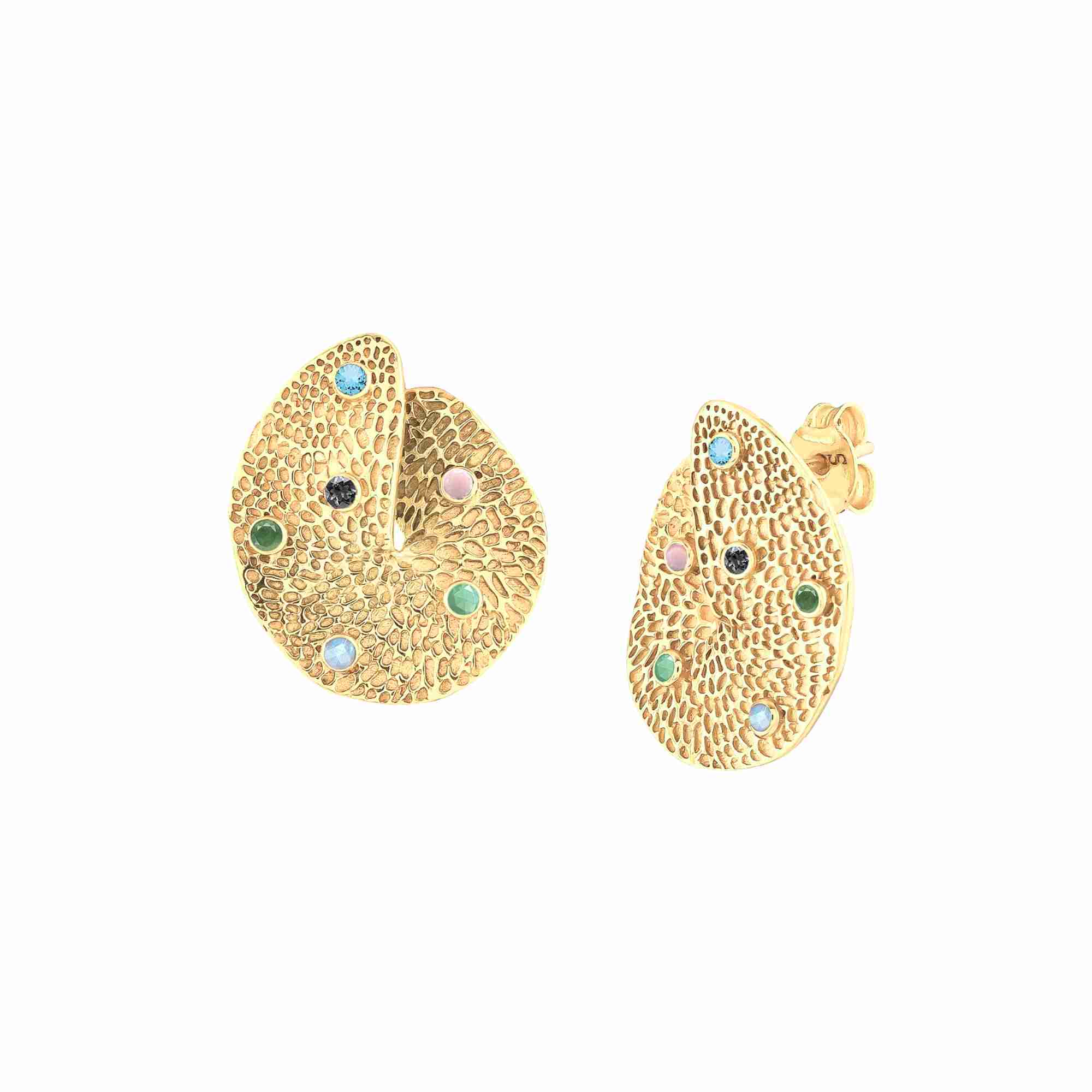 Alt-Text: Ribbons and Lace Galaxy Gold Studs; hammered 22K gold plated 925 Silver earrings with colorful inset gemstones by Protsaah Zurich.