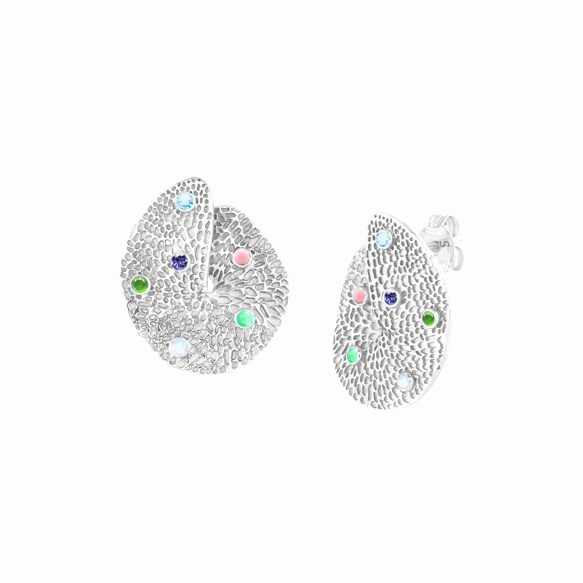Ribbons and Lace Galaxy Silver Studs; hammered 92.5 silver earrings with colorful inset gemstones by Protsaah Zurich.