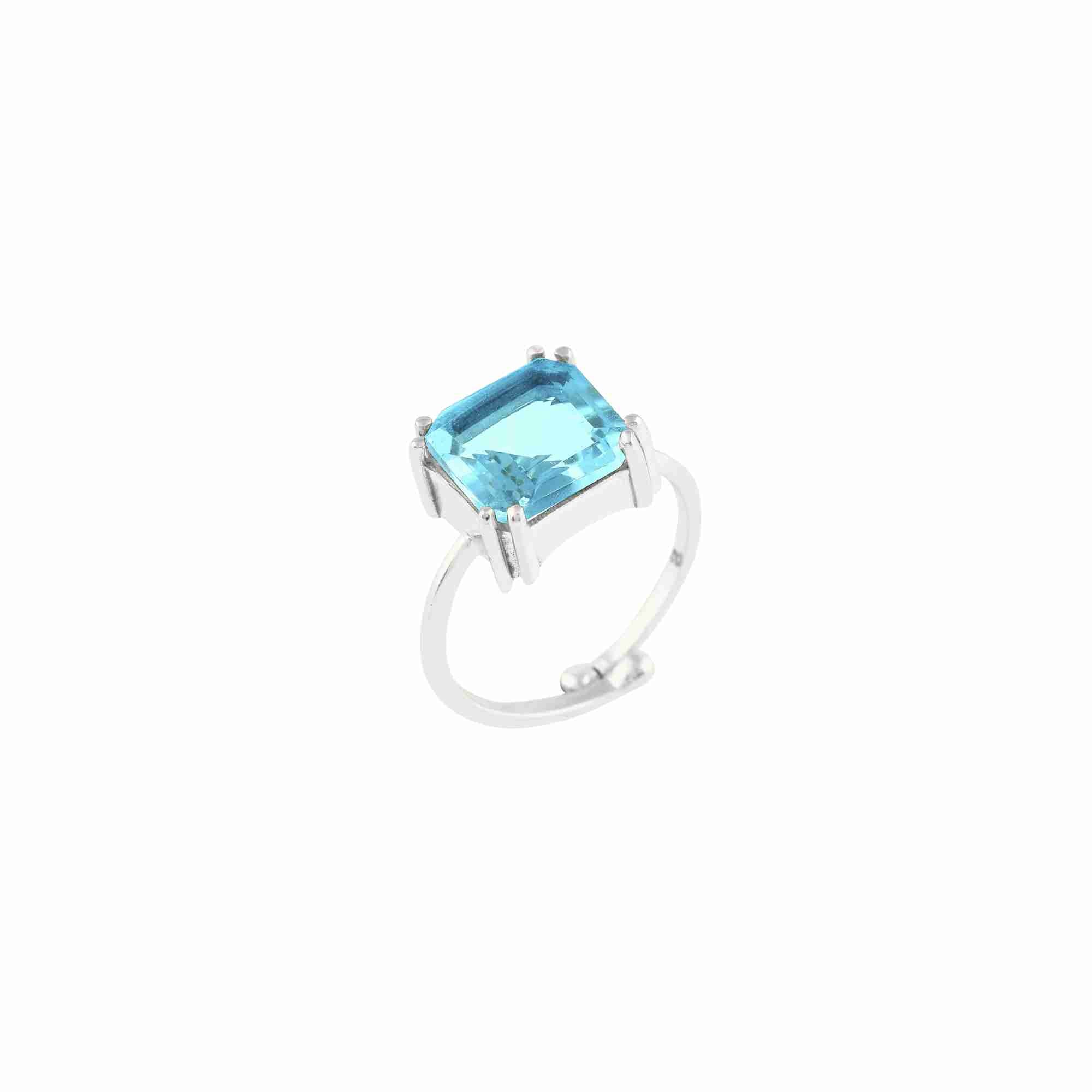 Silver Blue Topaz Statement Ring; emerald-shaped blue gemstone ring in solid 92.5 silver, adjustable architectural design by Protsaah Zurich.