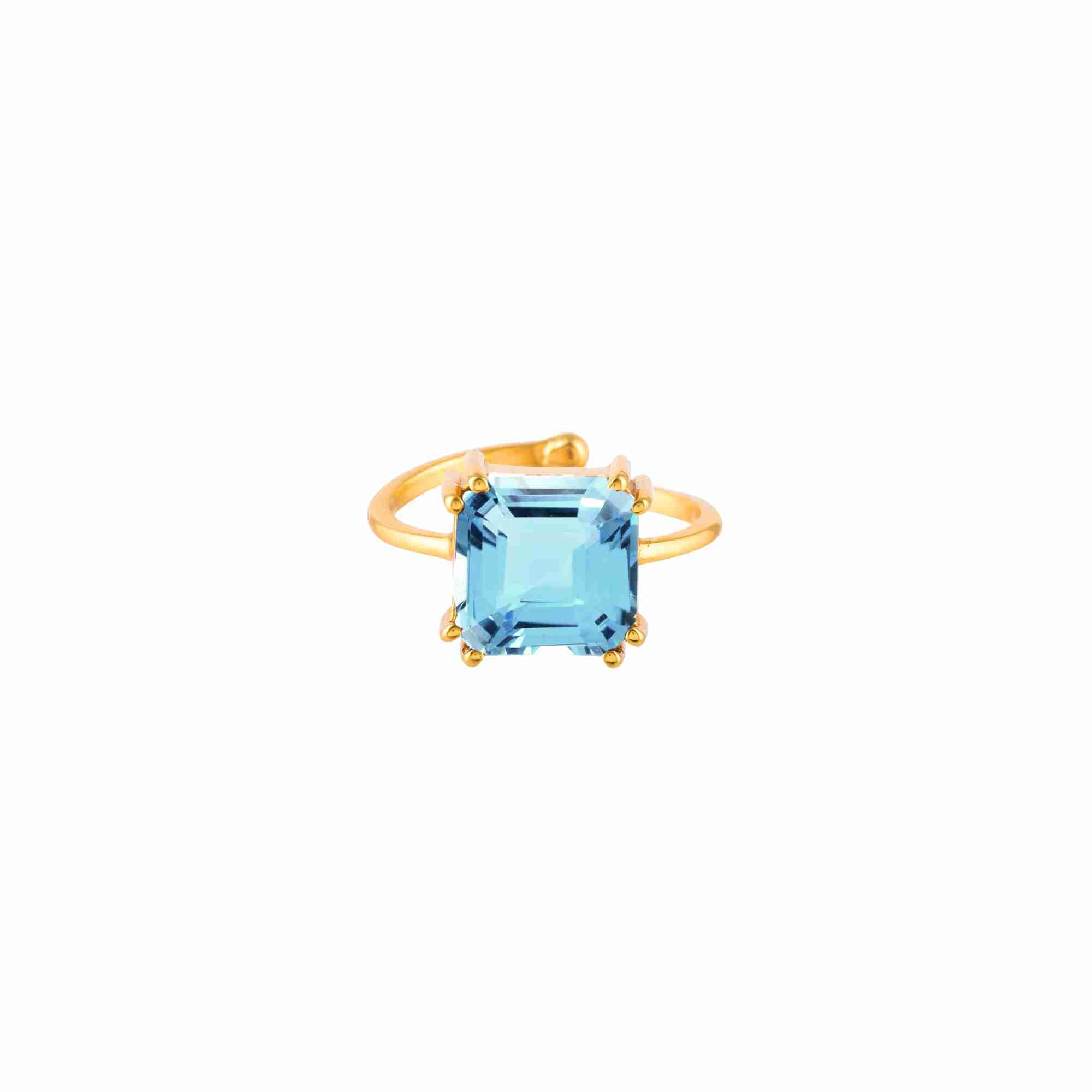 Gold Blue Topaz Statement Ring; emerald-shaped Escher-cut blue gemstone ring in 22K gold vermeil, adjustable architectural design by Protsaah Zurich.