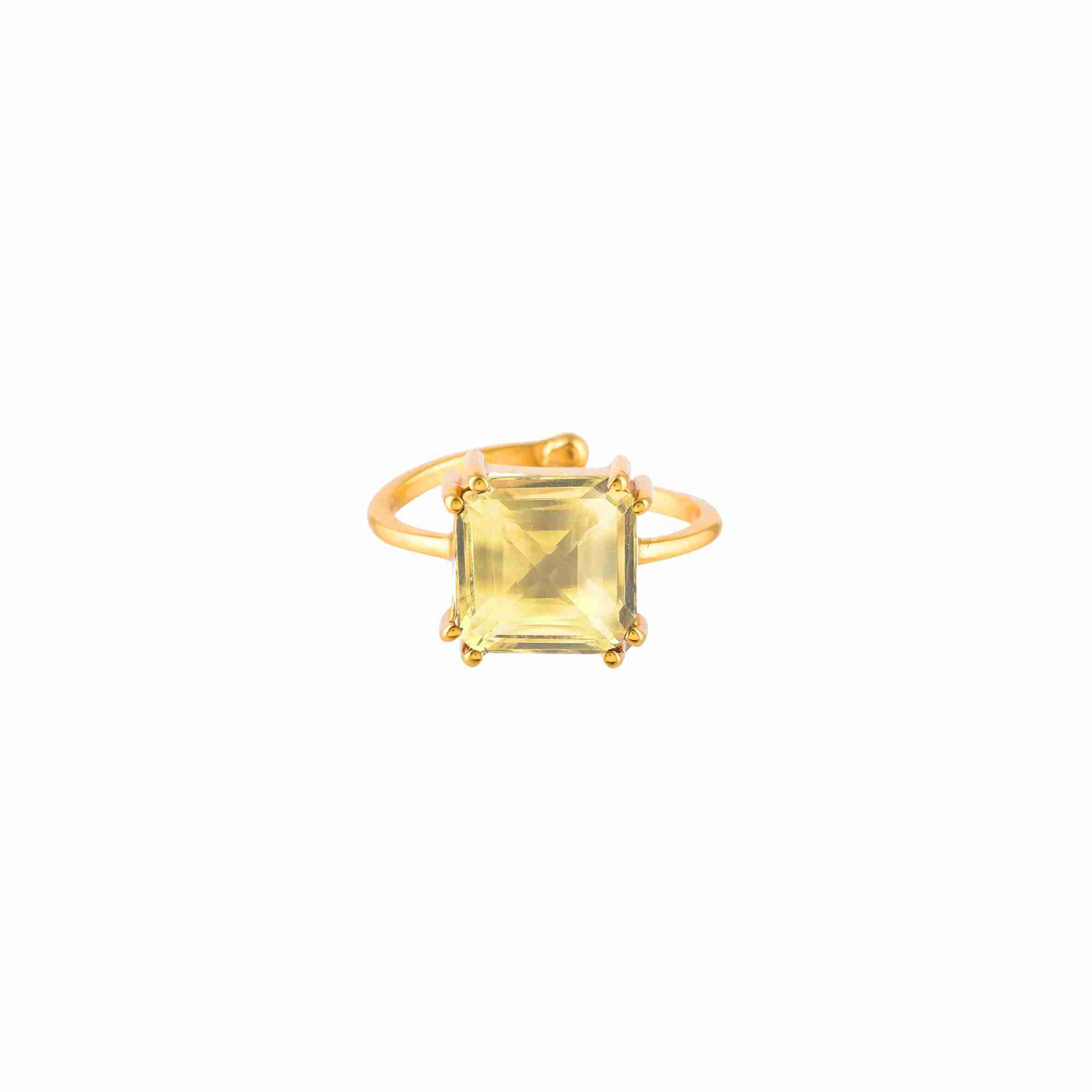 Gold Citrine Statement Ring; Escher-cut yellow gemstone ring in 22K gold vermeil with an adjustable band, handcrafted architectural jewelry by Protsaah Zurich.