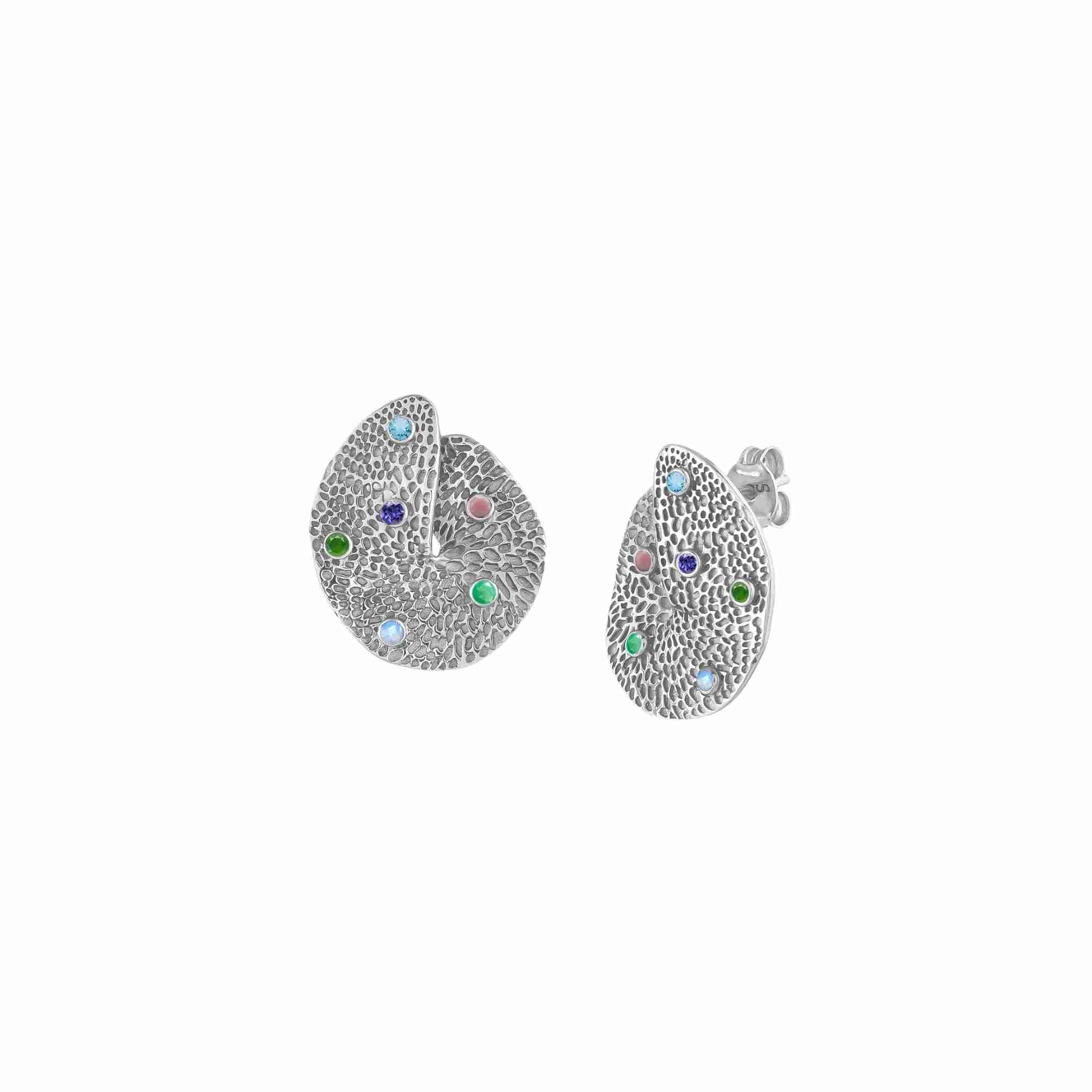 Ribbons and Lace Galaxy Silver Studs; hammered 92.5 silver earrings with colorful inset gemstones by Protsaah Zurich.
