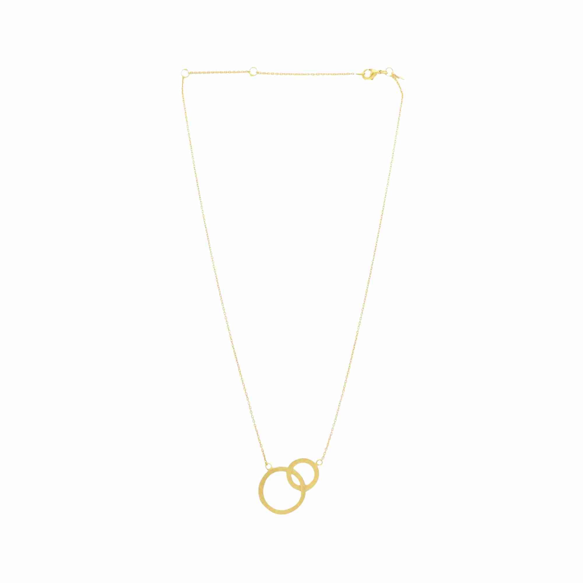 Shimmering Disks Gold Interlinked Necklace; delicate chain design with two interlinked circular stations and a signature brushed-satin finish over 92.5 recycled silver.
