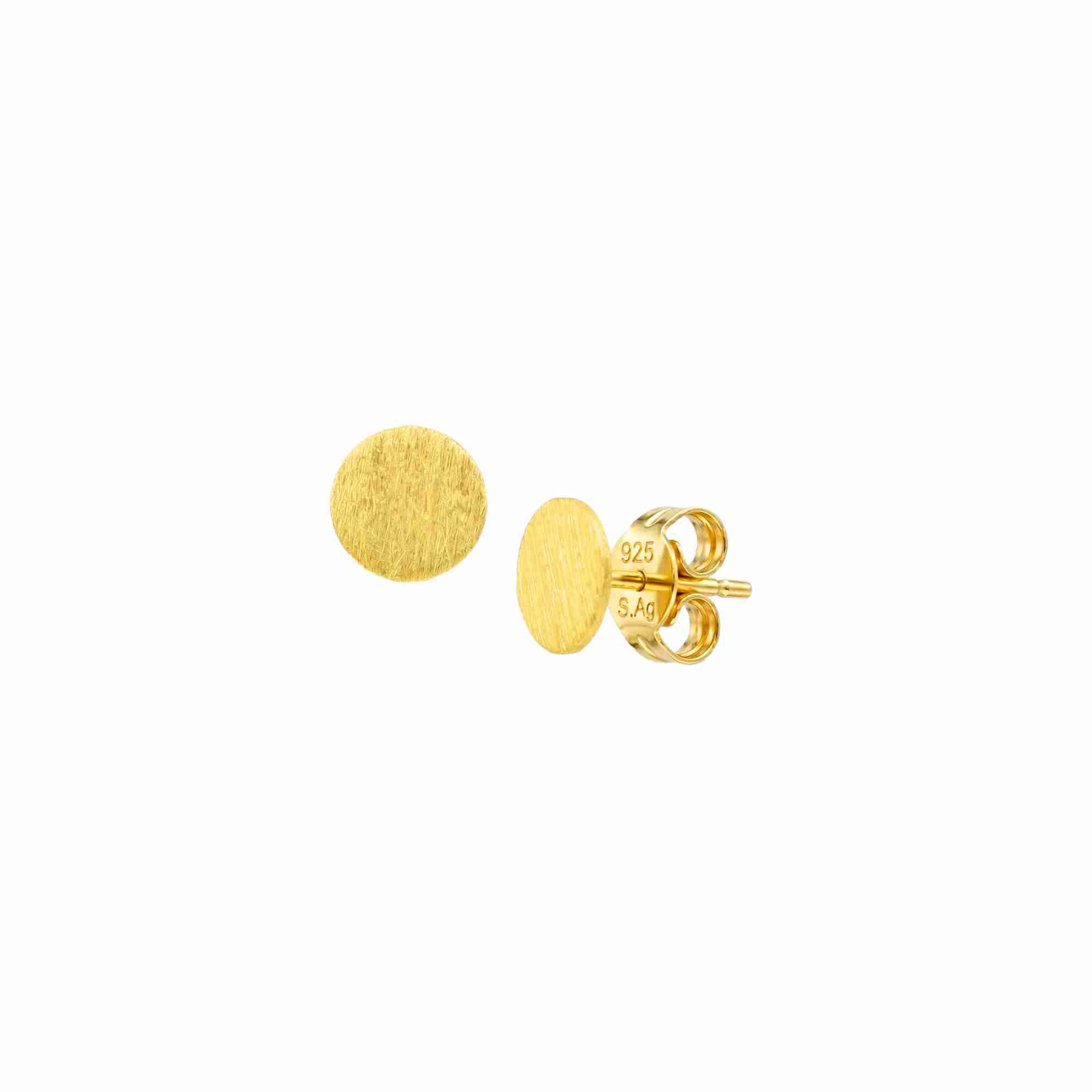 Shimmering Disks Gold Studs; minimalist circular earrings with a signature brushed-satin gold finish over 92.5 recycled silver.