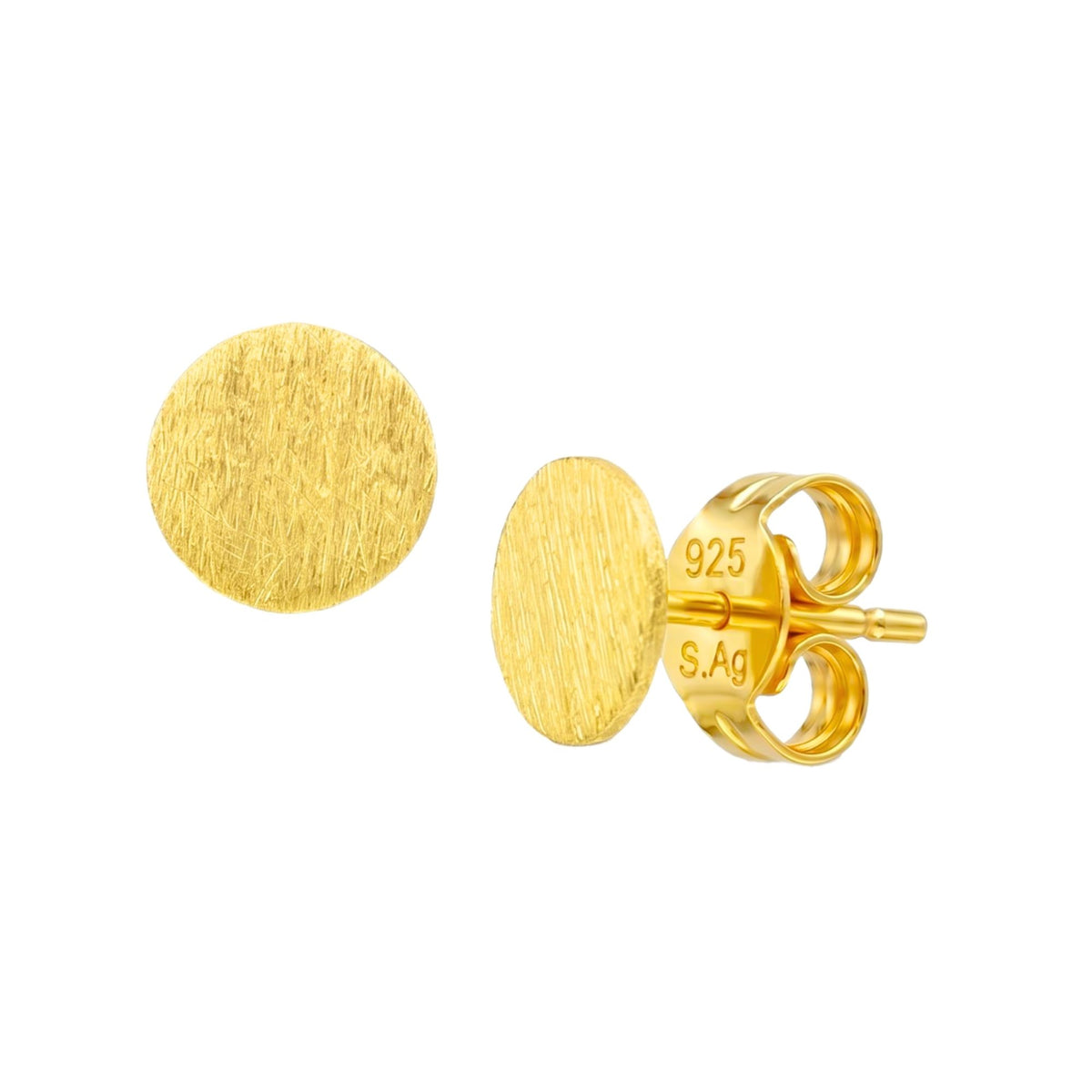 Minimalist disc stud earrings in gold with a hand-brushed finish on a white background