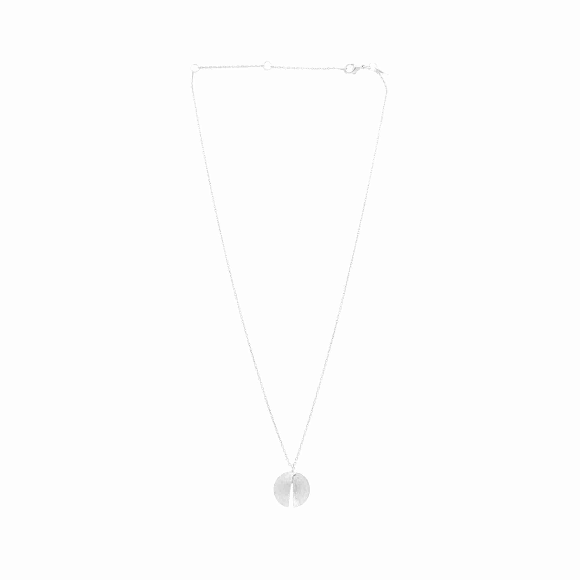 Silver Split-Disc Pendant Necklace; circular folded pendant in 92.5 recycled silver with a brushed-satin finish and adjustable chain, by Protsaah Zurich.recycled silver.