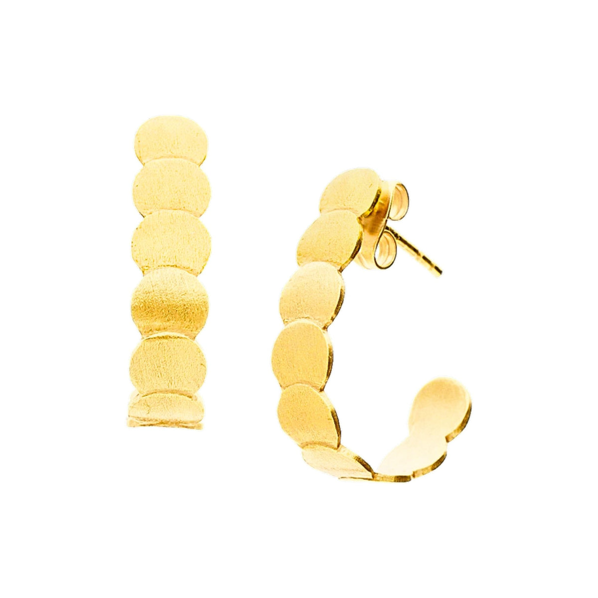 Brushed disc hoop earrings in gold with a hand-brushed finish on a white background