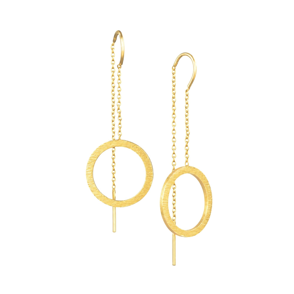 Circle chain threader earrings in gold with a hand-brushed finish on a white background