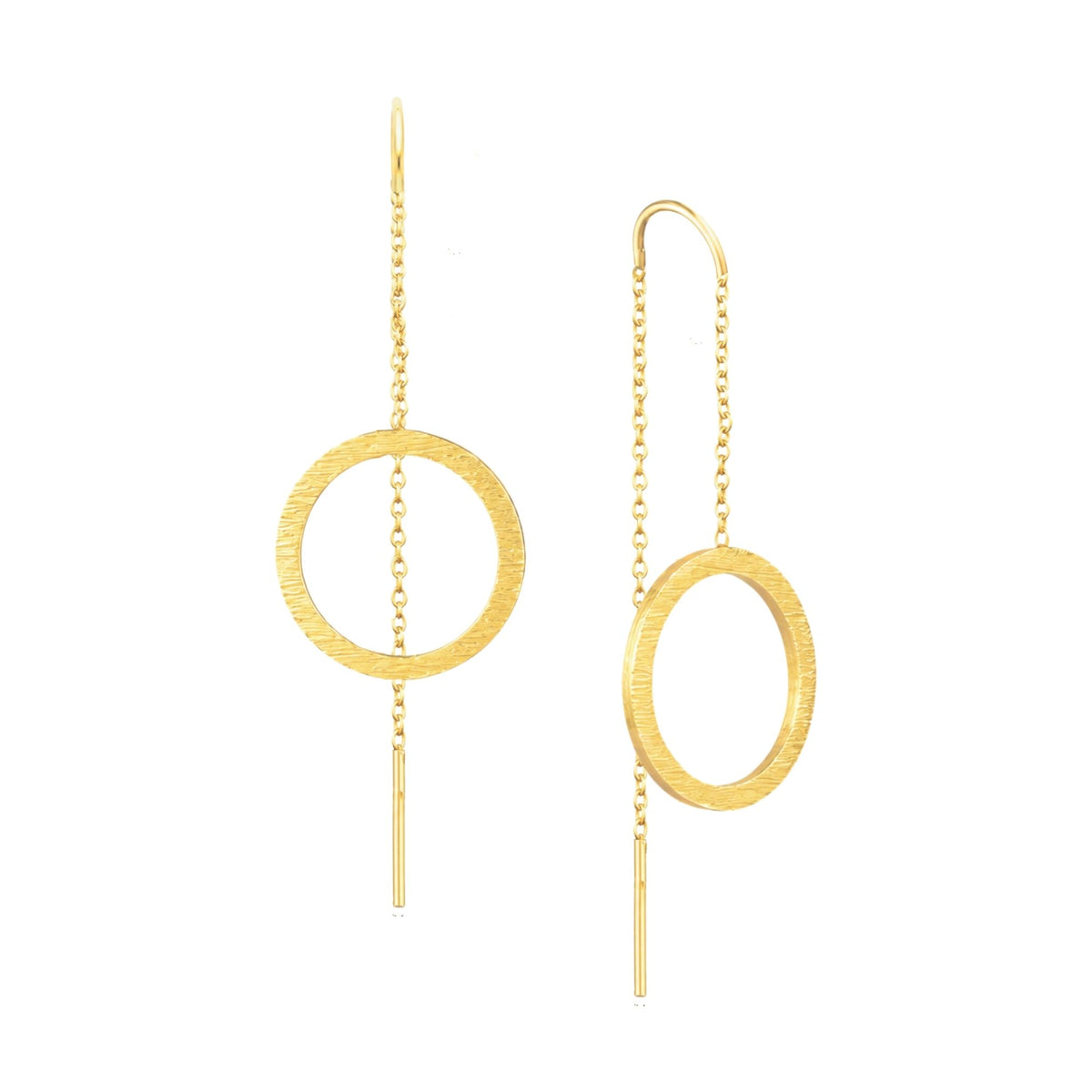 Circle chain threader earrings in gold with a hand-brushed finish on a white background