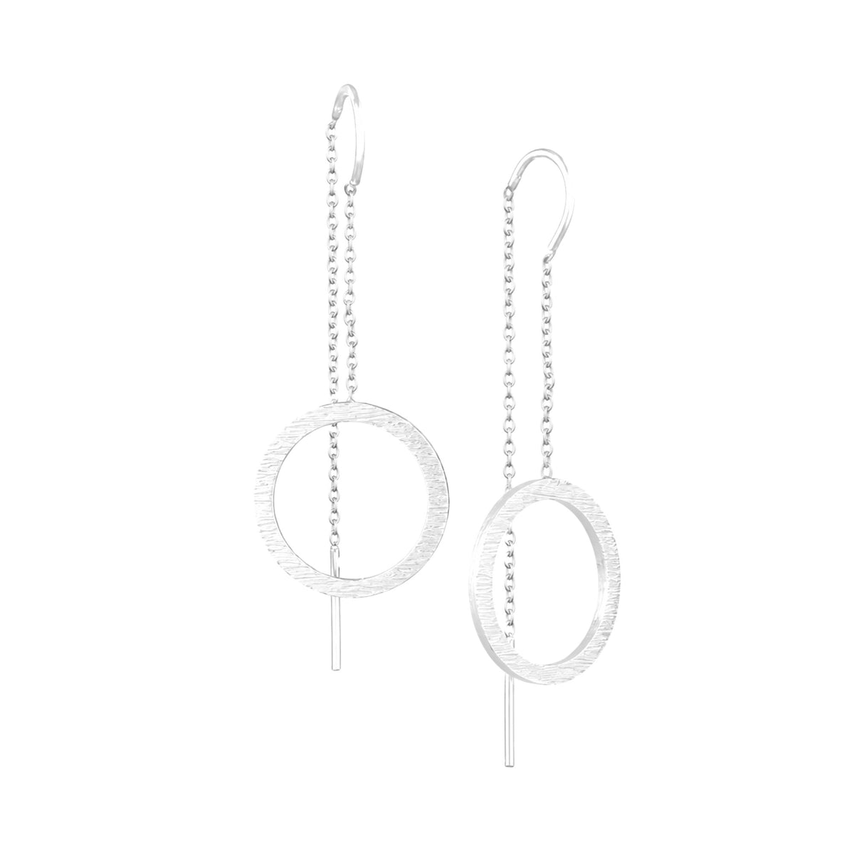 Circle chain threader earrings in silver with a hand-brushed finish on a white background