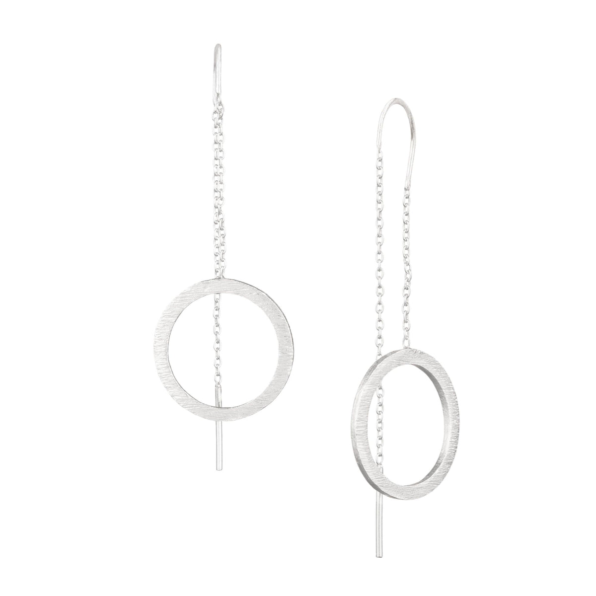 Circle chain threader earrings in silver with a hand-brushed finish on a white background