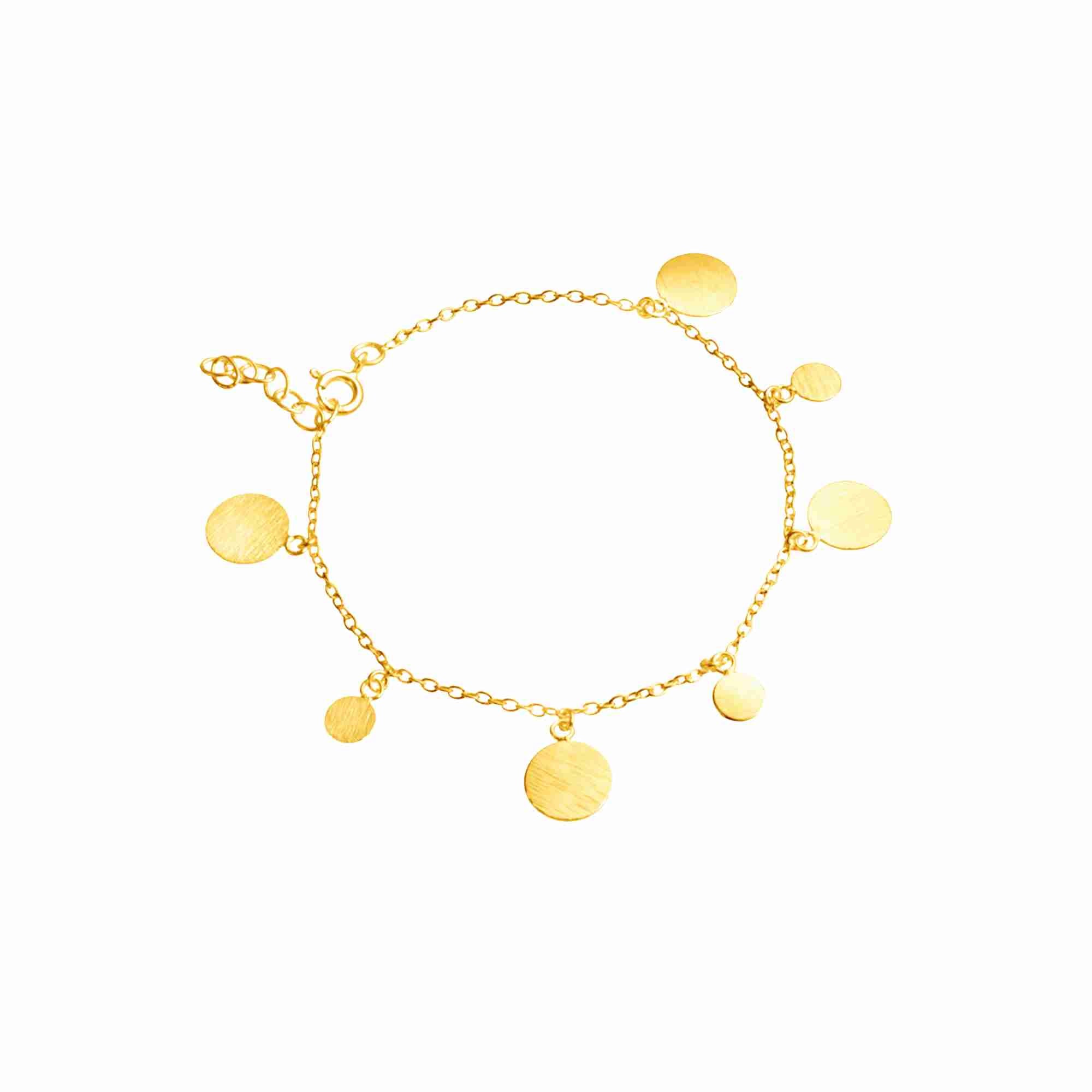 Shimmering Disks Delicate Chain Bracelet Gold — delicate bracelet featuring textured circular disks with a signature brushed-satin 22K gold plated 925 Silver finish over 92.5 recycled silver by Protsaah Zurich.