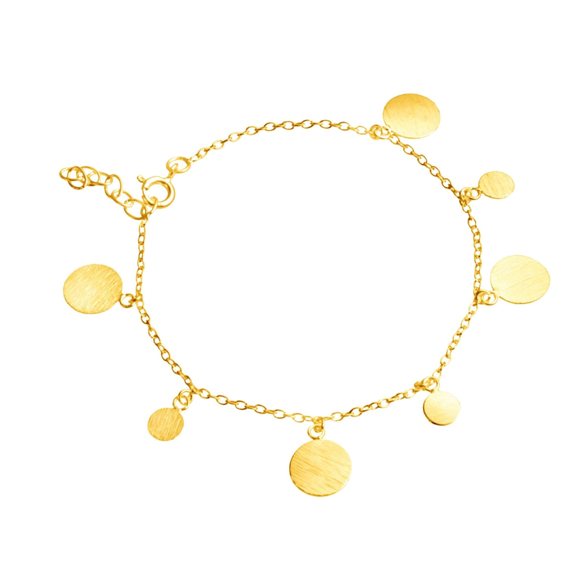 Dainty disc chain bracelet in gold with hand-brushed discs in two sizes on a white background