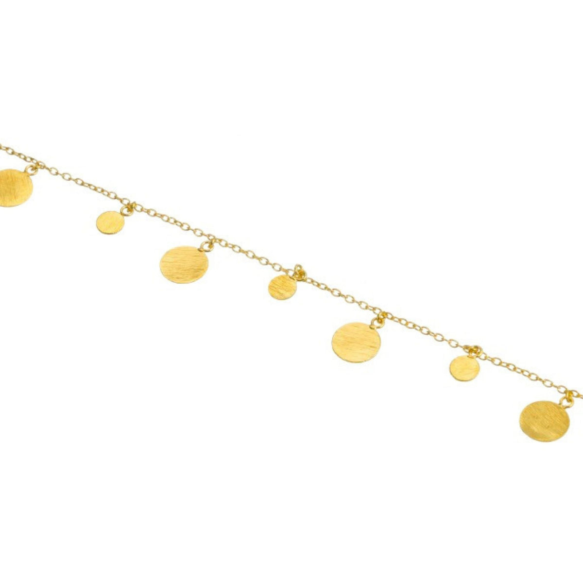 Close-up of gold disc chain bracelet with large and small hand-brushed discs alternating along the chain