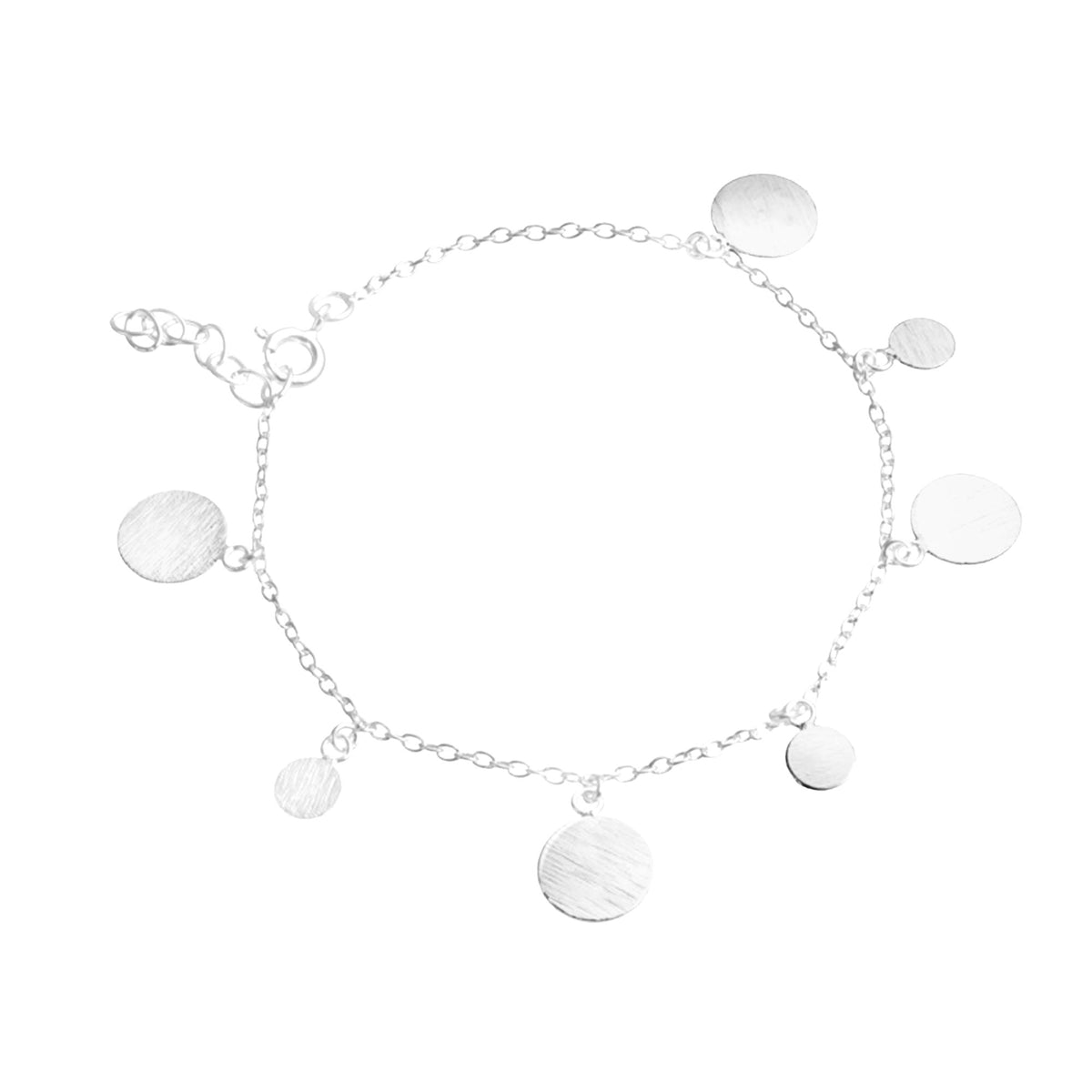 Dainty disc chain bracelet in silver with hand-brushed discs in two sizes on a white background