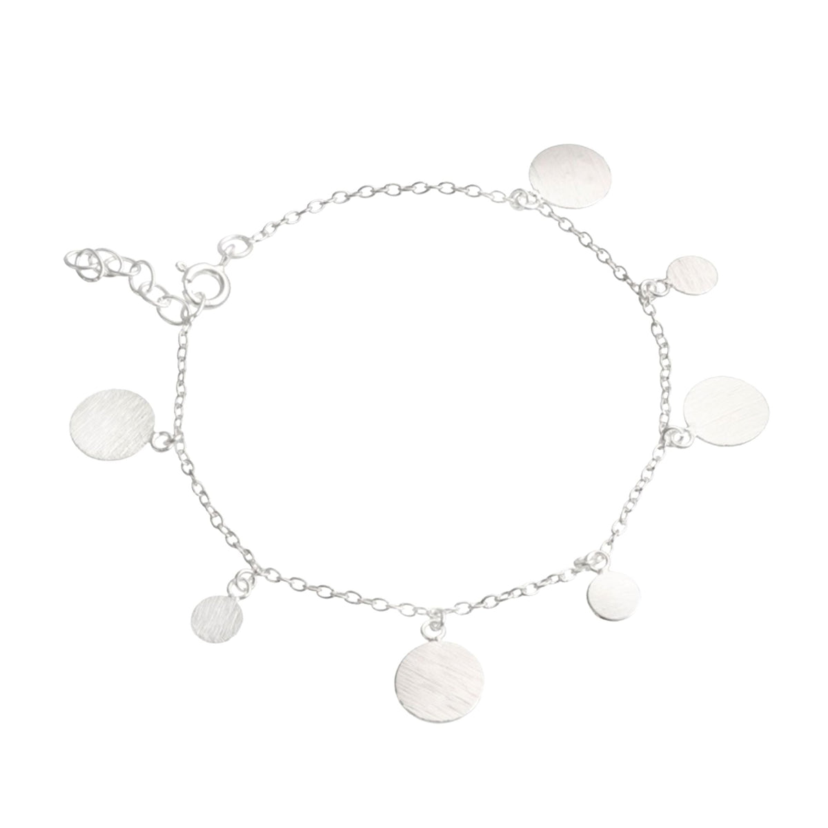 Dainty disc chain bracelet in silver with hand-brushed discs in two sizes on a white background
