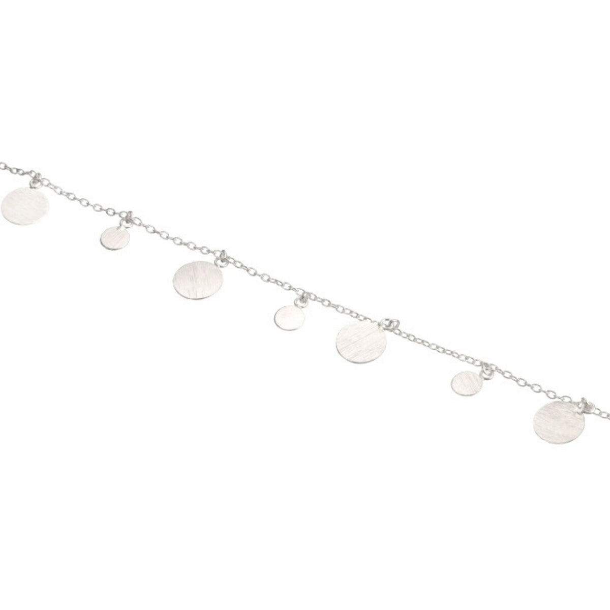 Close-up of silver disc chain bracelet with large and small hand-brushed discs alternating along the chain