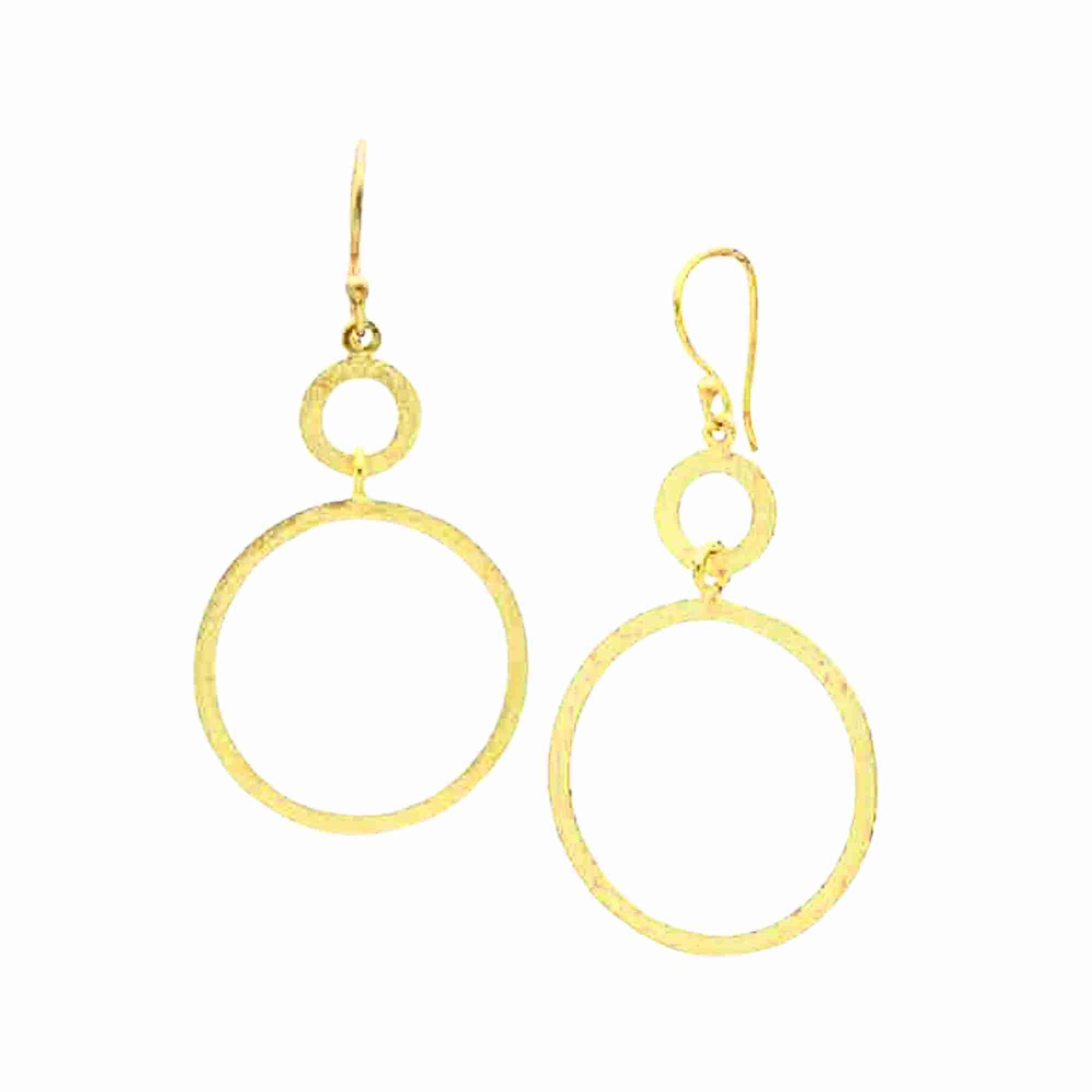 Shimmering Disks Dual Circle Statement Earrings Gold — nested double open-circle drop with hand-applied cross-hatch scratch finish in 22K gold plated 925 Silver over 92.5 recycled sterling silver by Protsaah Zurich.