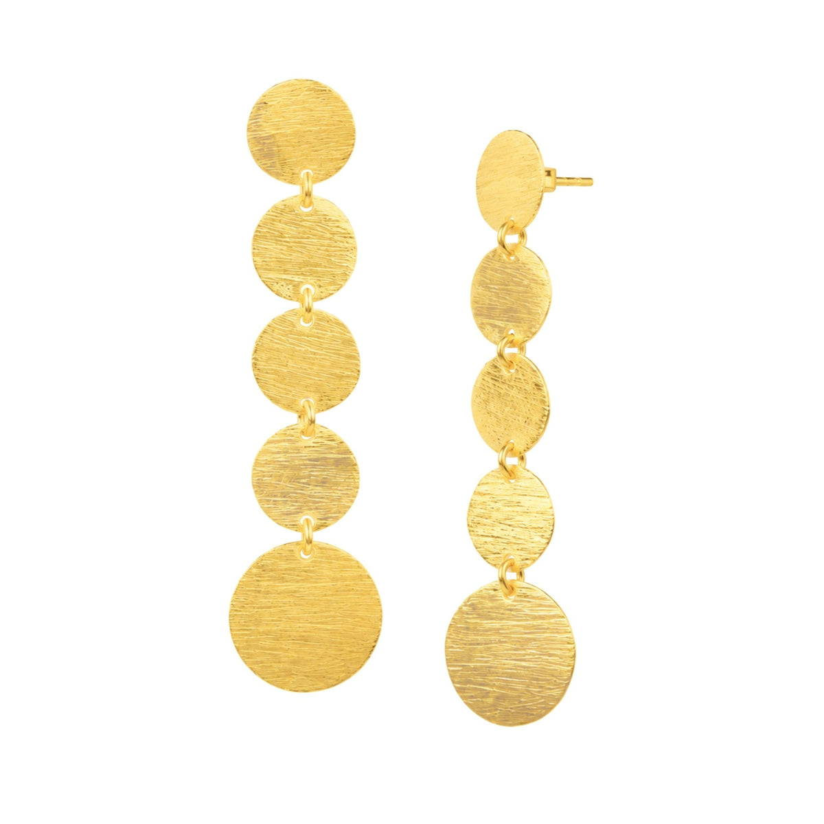 Graduating Disc Cascade Drop statement earrings in gold with a hand-brushed finish on a white background