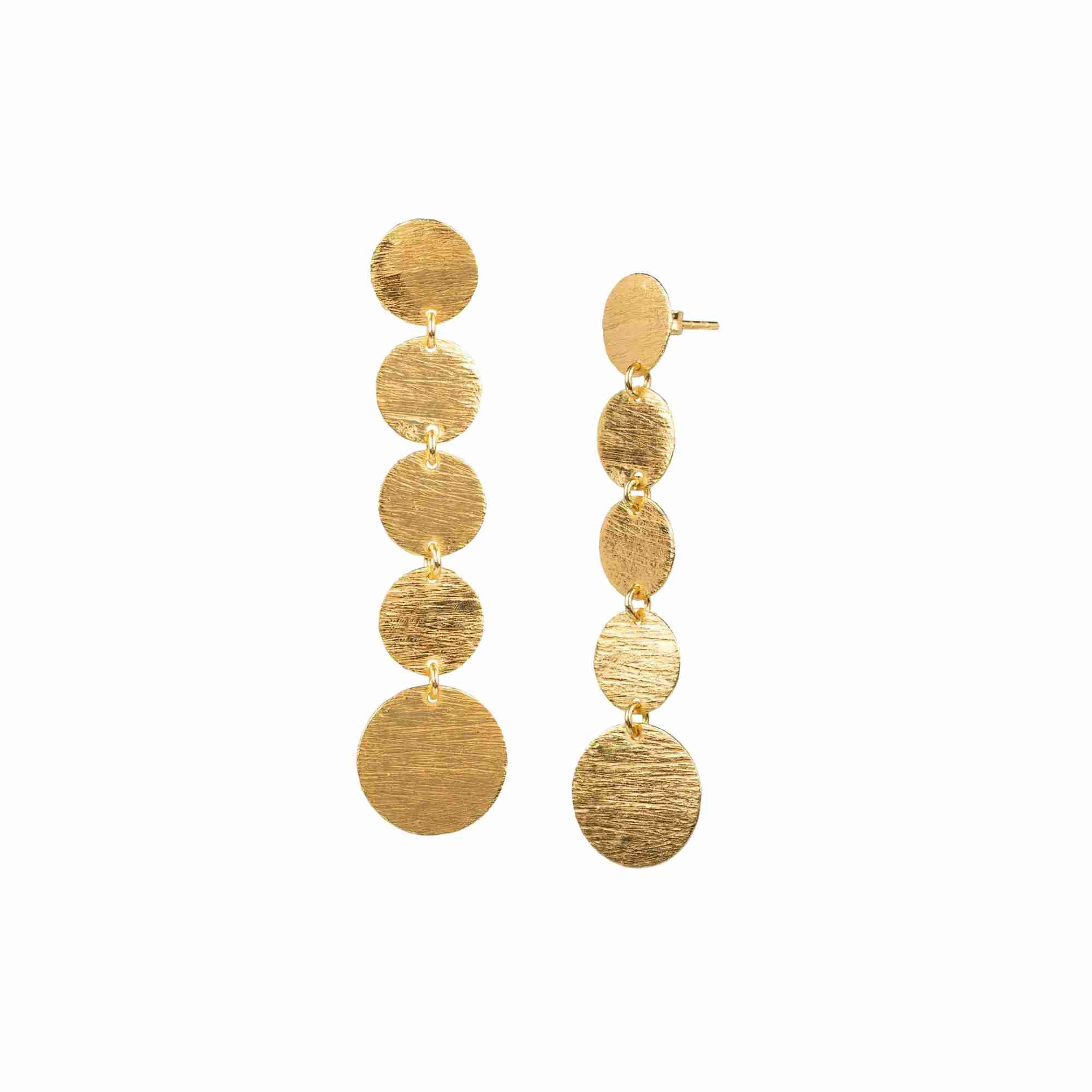 Shimmering Disks Graduating Disc Cascade Statement Earrings Gold — vertical graduating four-disk drop with hand-applied scratch finish in 22K gold vermeil by Protsaah Zurich.