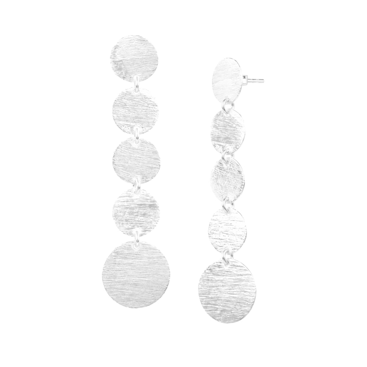 Graduating Disc Cascade Drop statement earrings in silver with a hand-brushed finish on a white background