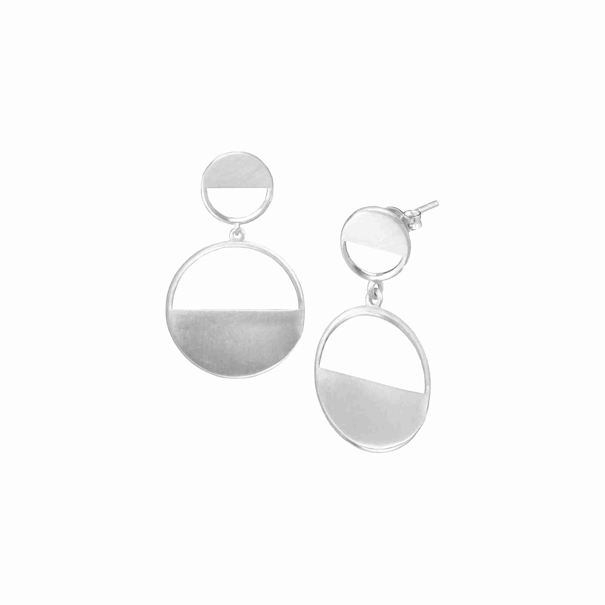 Shimmering Disks Horizon Duo Drop Statement Earrings Silver — half-circle duo drop with hand-applied scratch finish in 92.5 recycled sterling silver by Protsaah Zurich.