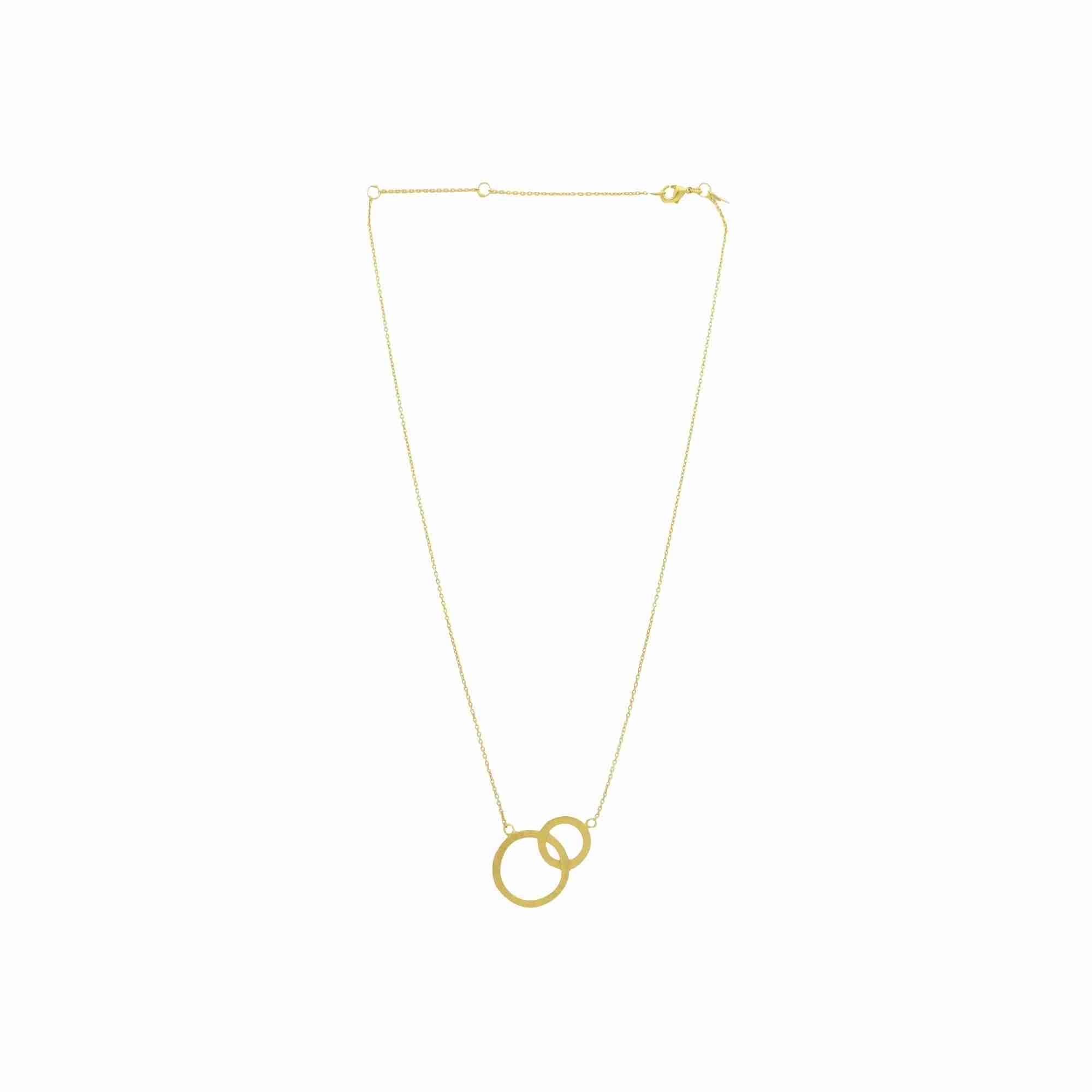 Shimmering Disks Gold Interlinked Necklace; delicate chain design with two interlinked circular stations and a signature brushed-satin finish over 92.5 recycled silver.