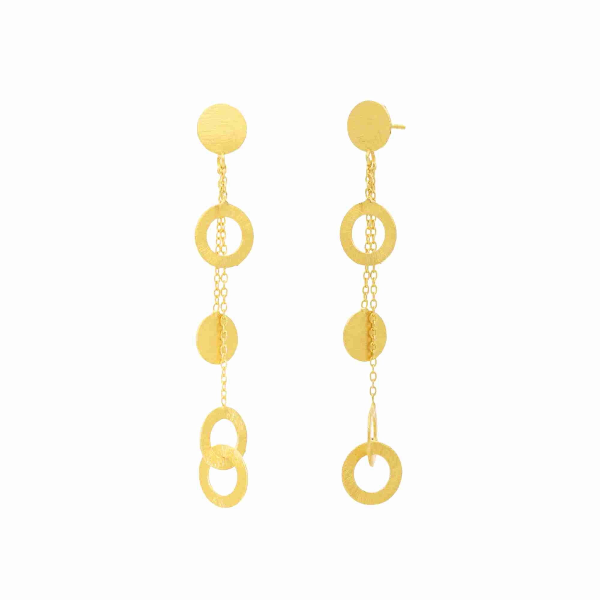 Shimmering Disks Gold Statement Earrings; architectural interlinked disk and chain drop design with a signature brushed-satin finish over 92.5 sterling silver.