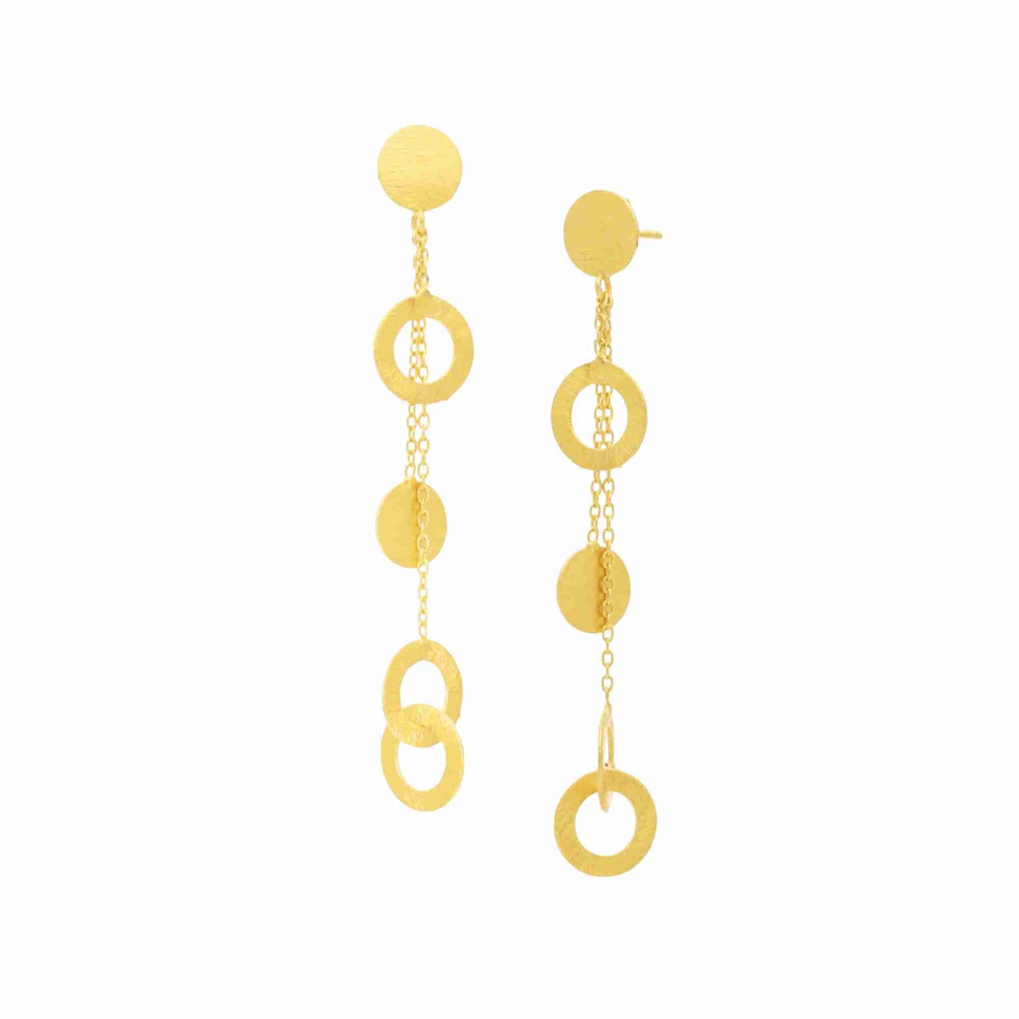 Shimmering Disks Gold Statement Earrings; architectural interlinked disk and chain drop design with a signature brushed-satin finish over 92.5 sterling silver.