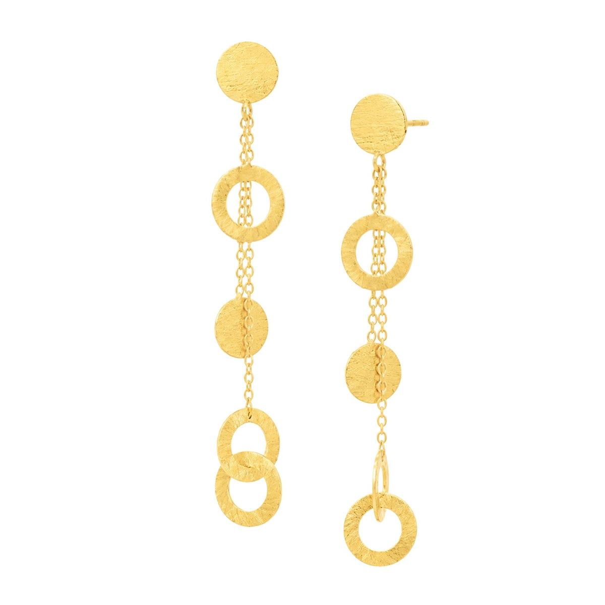 Disc & Circle Chain Drop statement earrings in gold with a hand-brushed finish on a white background