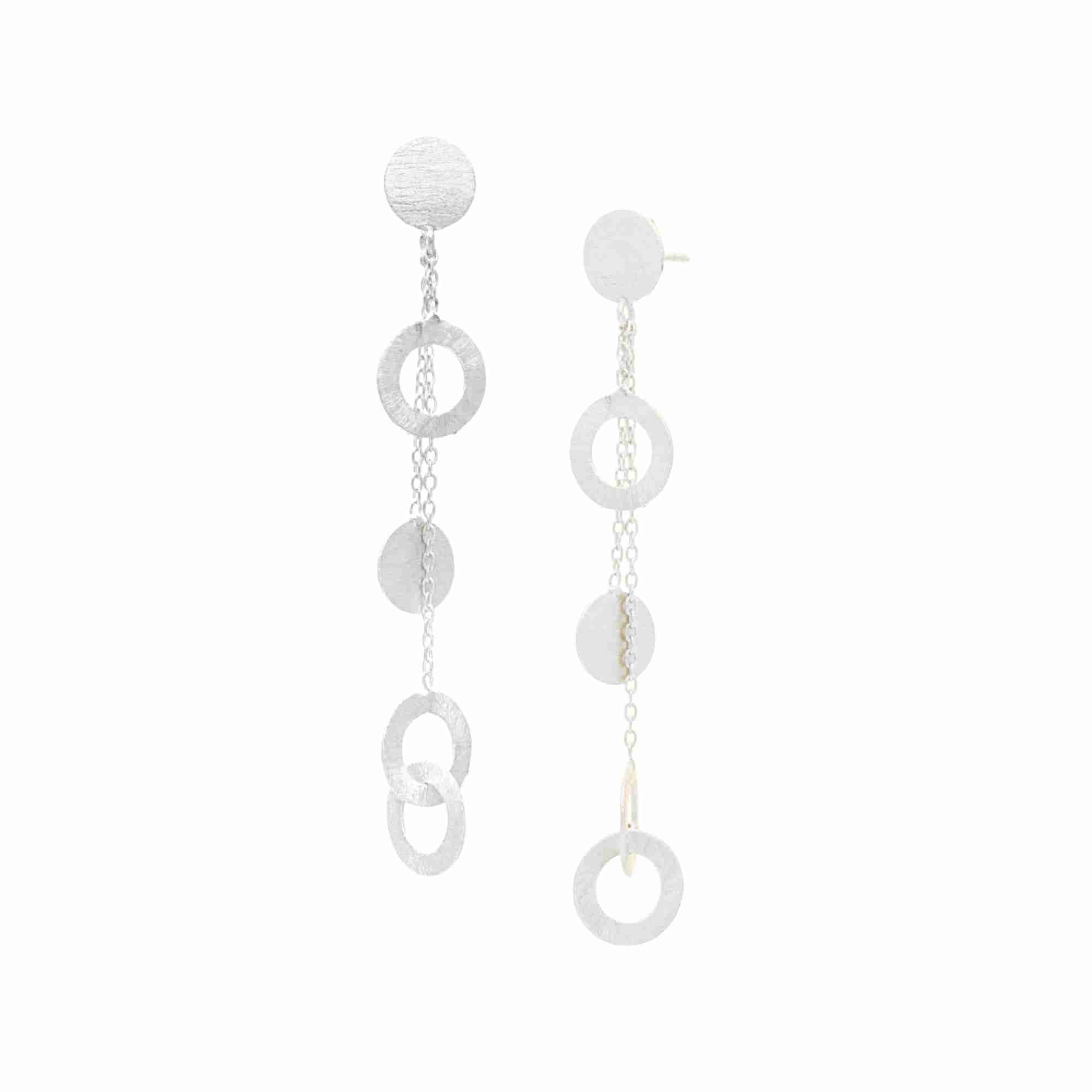 Shimmering Disks Silver Statement Earrings; architectural interlinked disk and chain drop design with a signature brushed-satin 92.5 sterling silver finish.