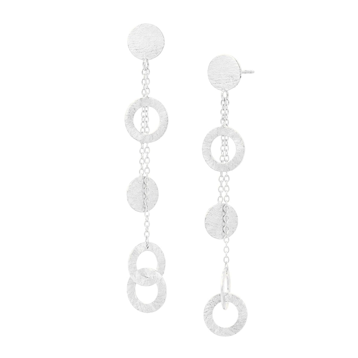 Disc & Circle Chain Drop statement earrings in silver with a hand-brushed finish on a white background