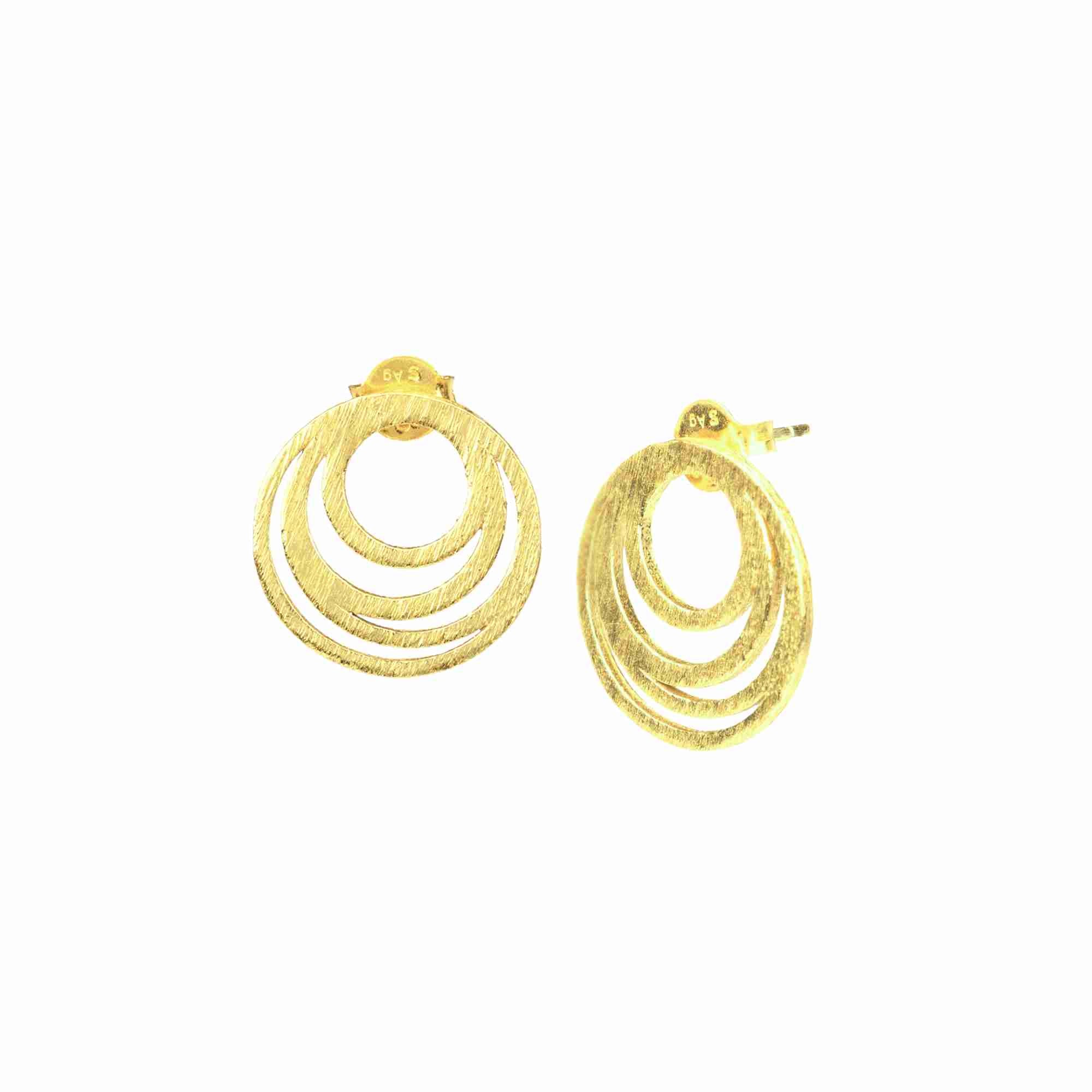Shimmering Disks Intermingled Circles Stud Earrings Gold — concentric circular rings with a signature brushed satin 22K gold finish over 92.5 recycled silver by Protsaah Zurich.