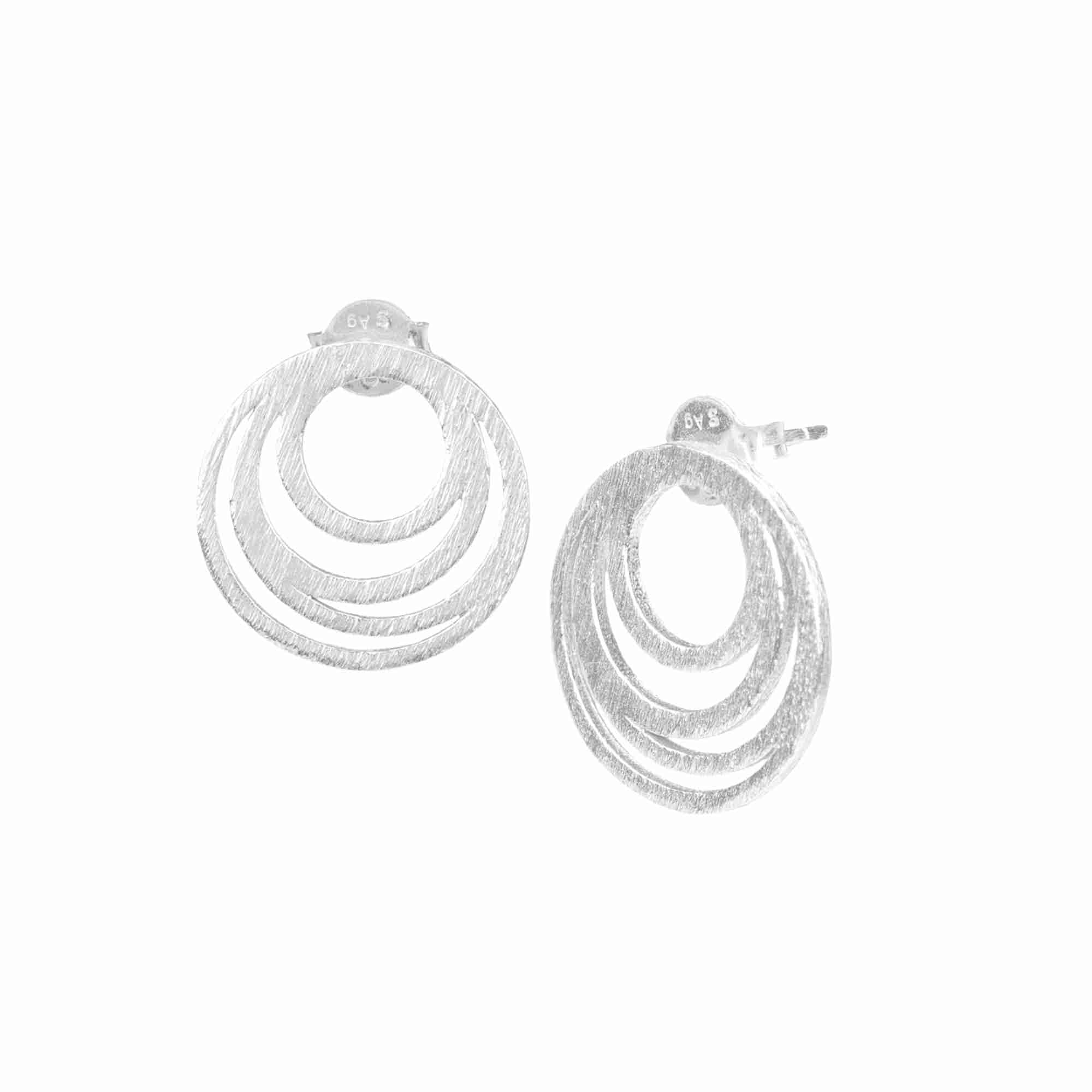 Shimmering Disks Intermingled Circles Stud Earrings Silver — concentric circular rings with a signature brushed satin finish in 92.5 recycled sterling silver by Protsaah Zurich.