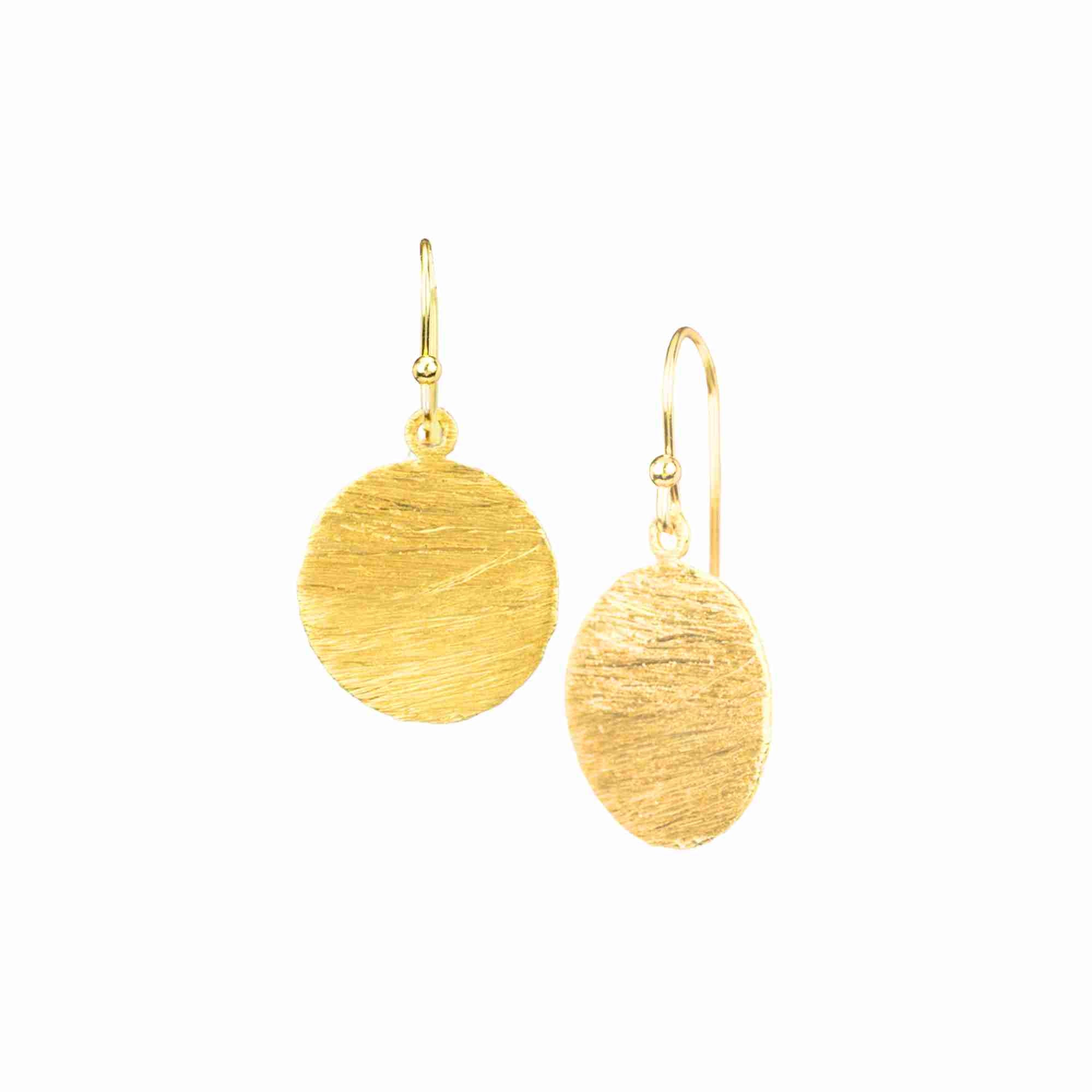 Shimmering Disks Gold Large Drop Earrings; minimalist circular coin drops with a signature brushed-satin gold finish over 92.5 recycled silver.