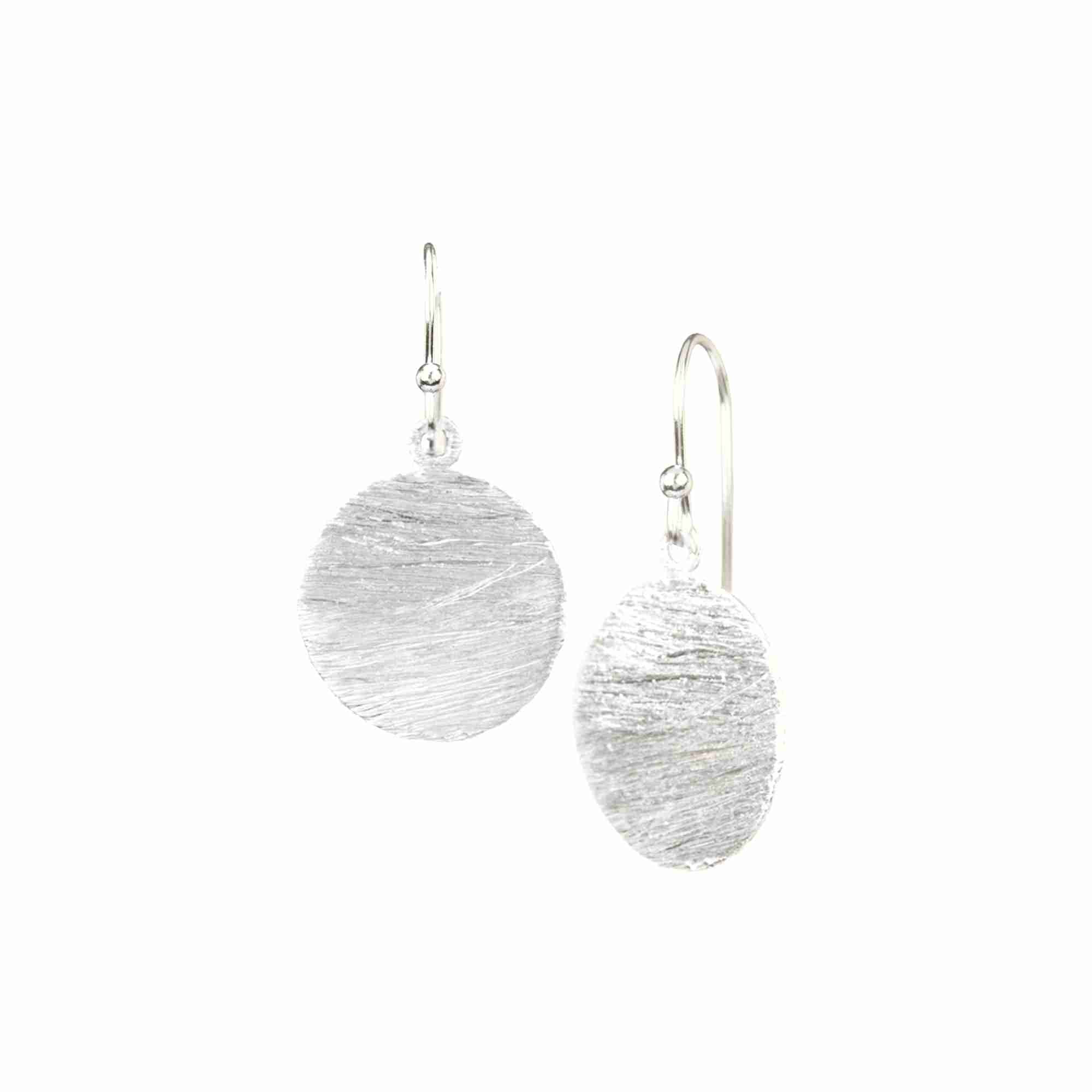 Shimmering Disks Silver Large Drop Earrings; minimalist circular coin drops with a signature brushed-satin 92.5 recycled silver finish.