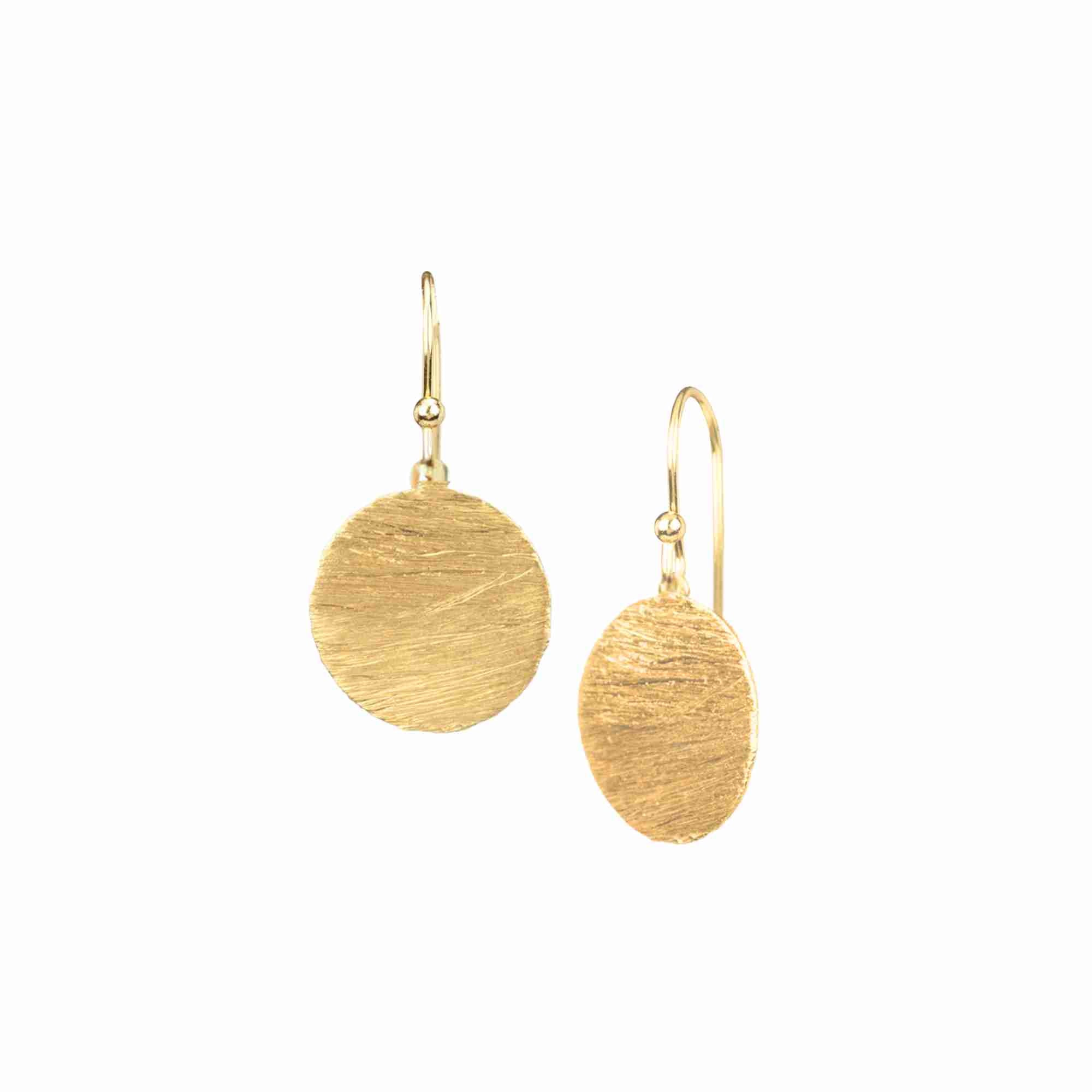 Shimmering Disks Gold Medium Drop Earrings; minimalist circular coin drops with a signature brushed-satin gold finish over 92.5 recycled silver.