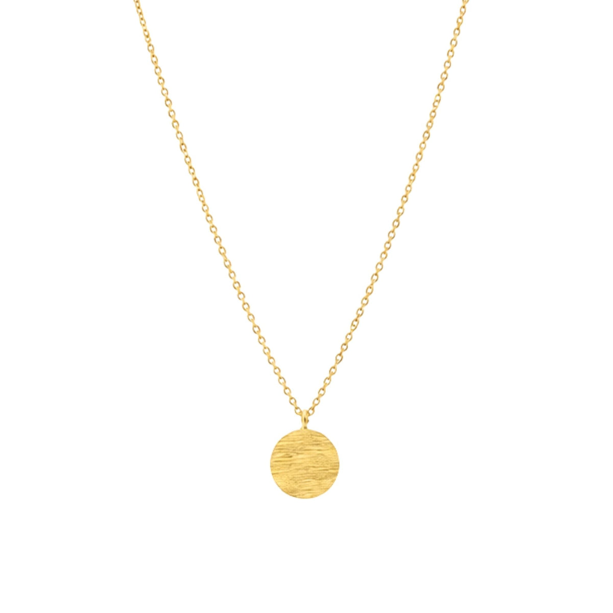 Minimalist coin pendant necklace in gold with a single hand-brushed disc on a white background