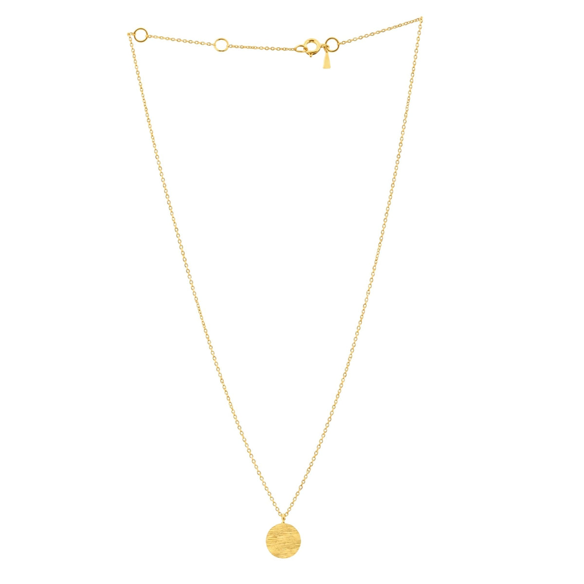 Full length of gold minimalist coin pendant necklace with a hand-brushed disc on a white background