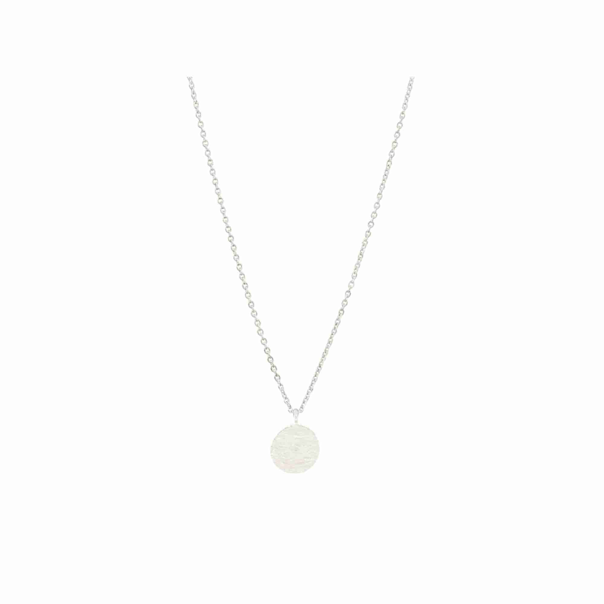 Shimmering Disks Silver Pendant Necklace; minimalist single 10mm disc design with a signature brushed-satin finish over 92.5 recycled silver.